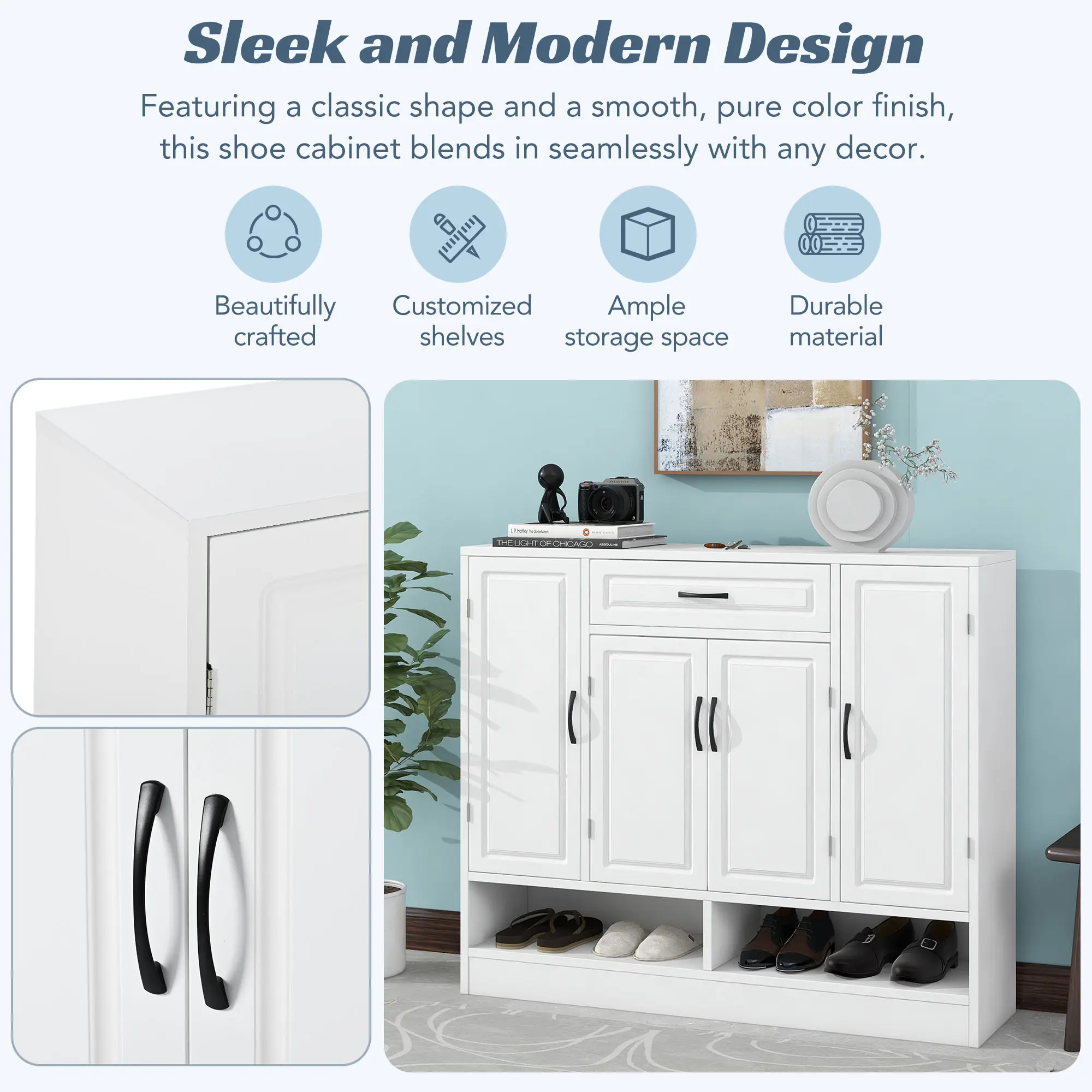 Sleek and Modern Shoe Cabinet with Adjustable Shelves, Minimalist Shoe Storage Organizer with Sturdy Top Surface, Space-saving D