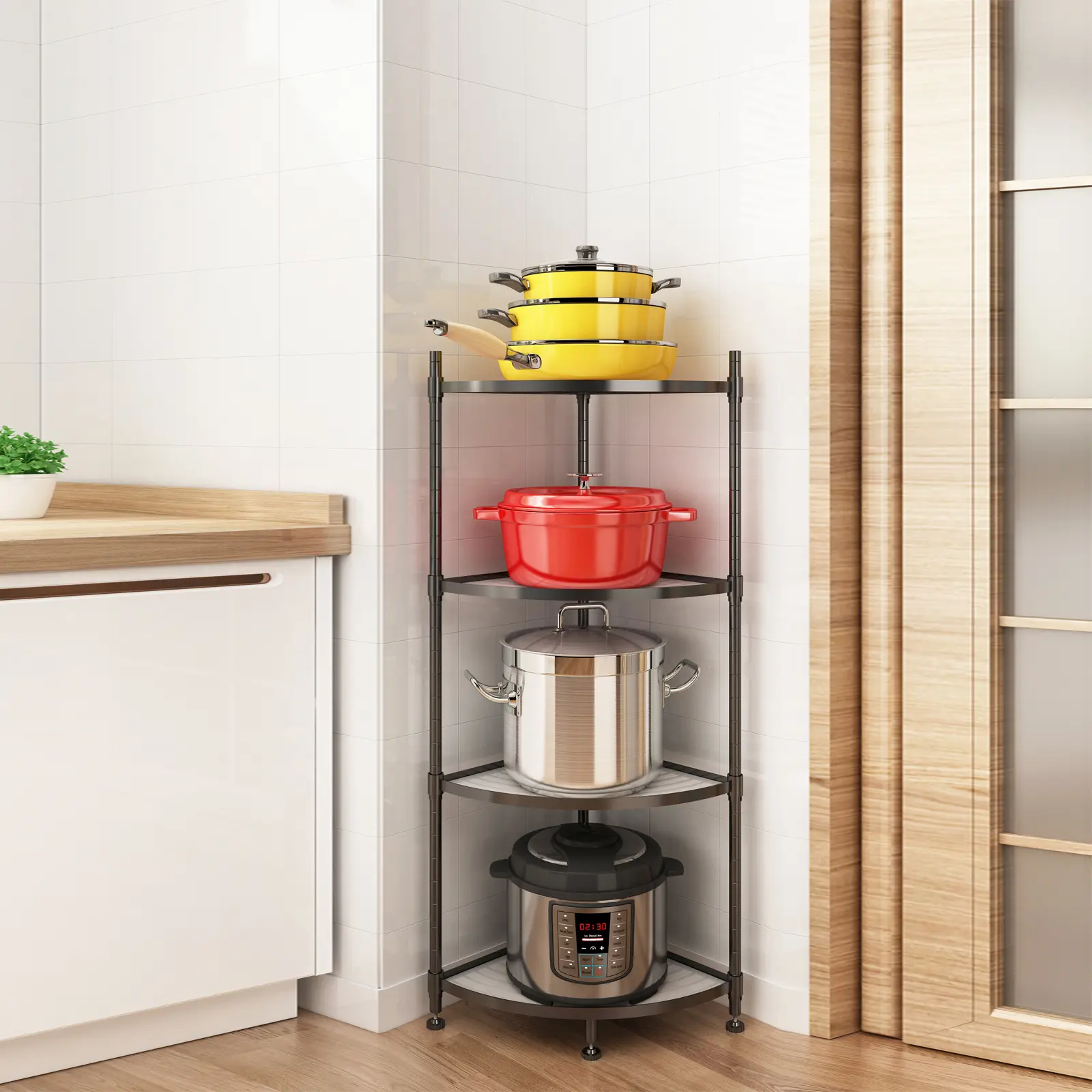 YSSOA 4 Tier Corner Display Rack Multipurpose Metal Shelving Unit, Bookcase Storage Rack Plant Stand for Living Room, Home Offic