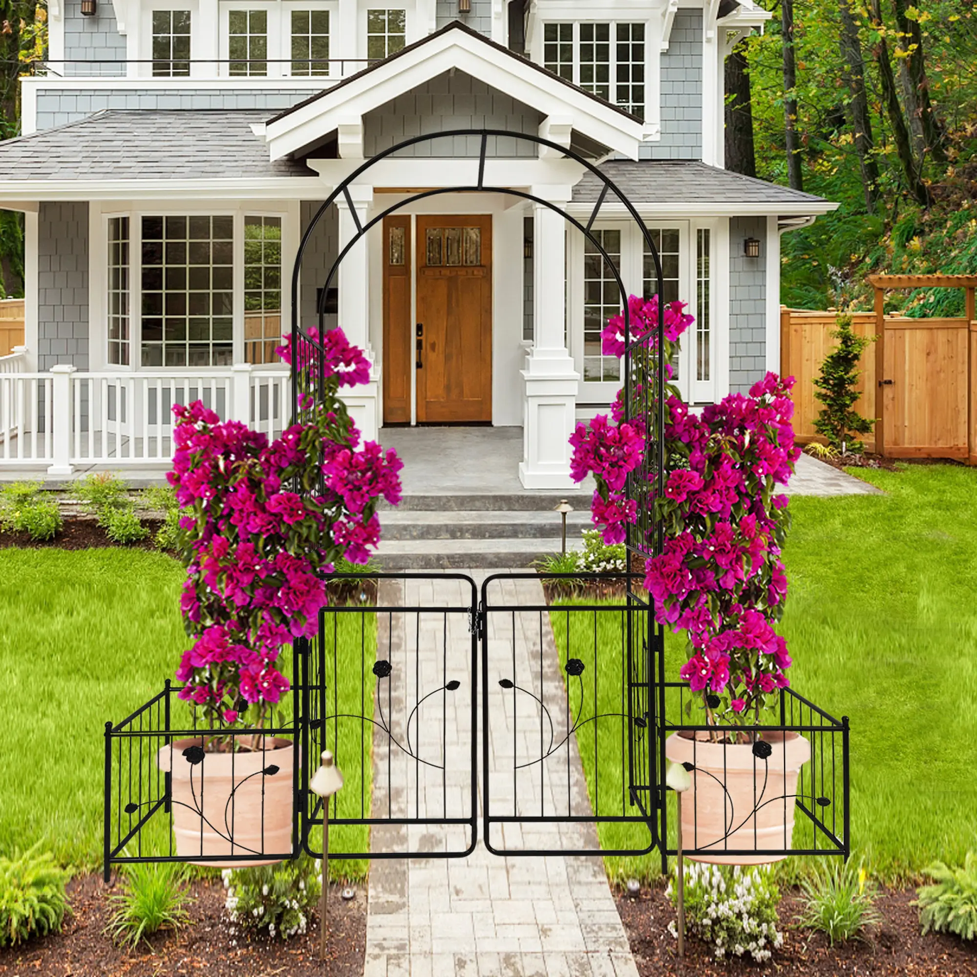 Metal Garden Arch with Gate 6.63ft Wide x 7.2ft High Climbing Plants Support Rose Arch Outdoor Black