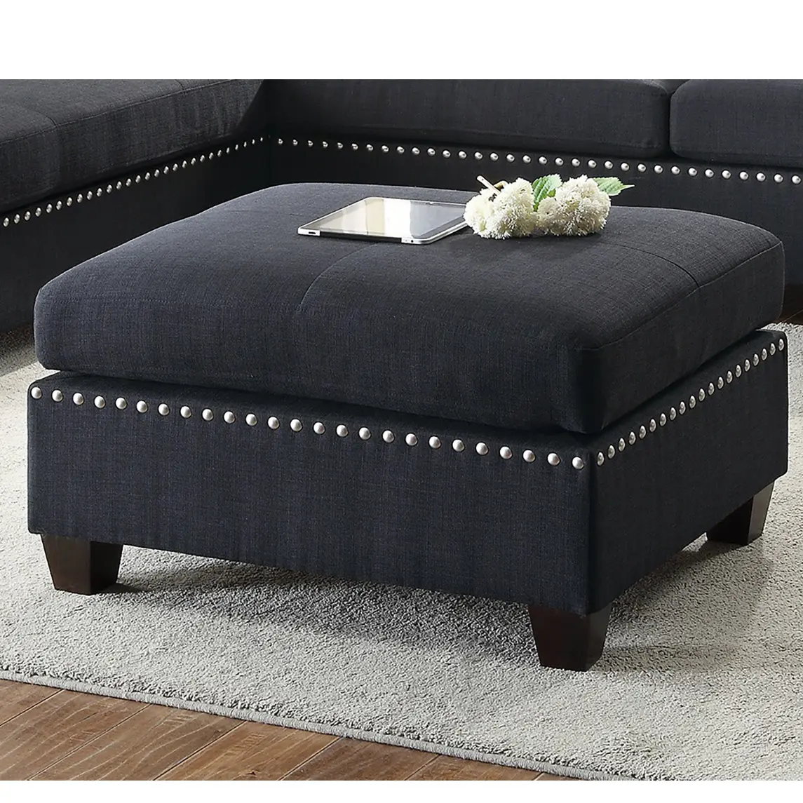 3-pcs Sectional Sofa Black Polyfiber Cushion Sofa Chaise Ottoman Reversible Couch Pillows