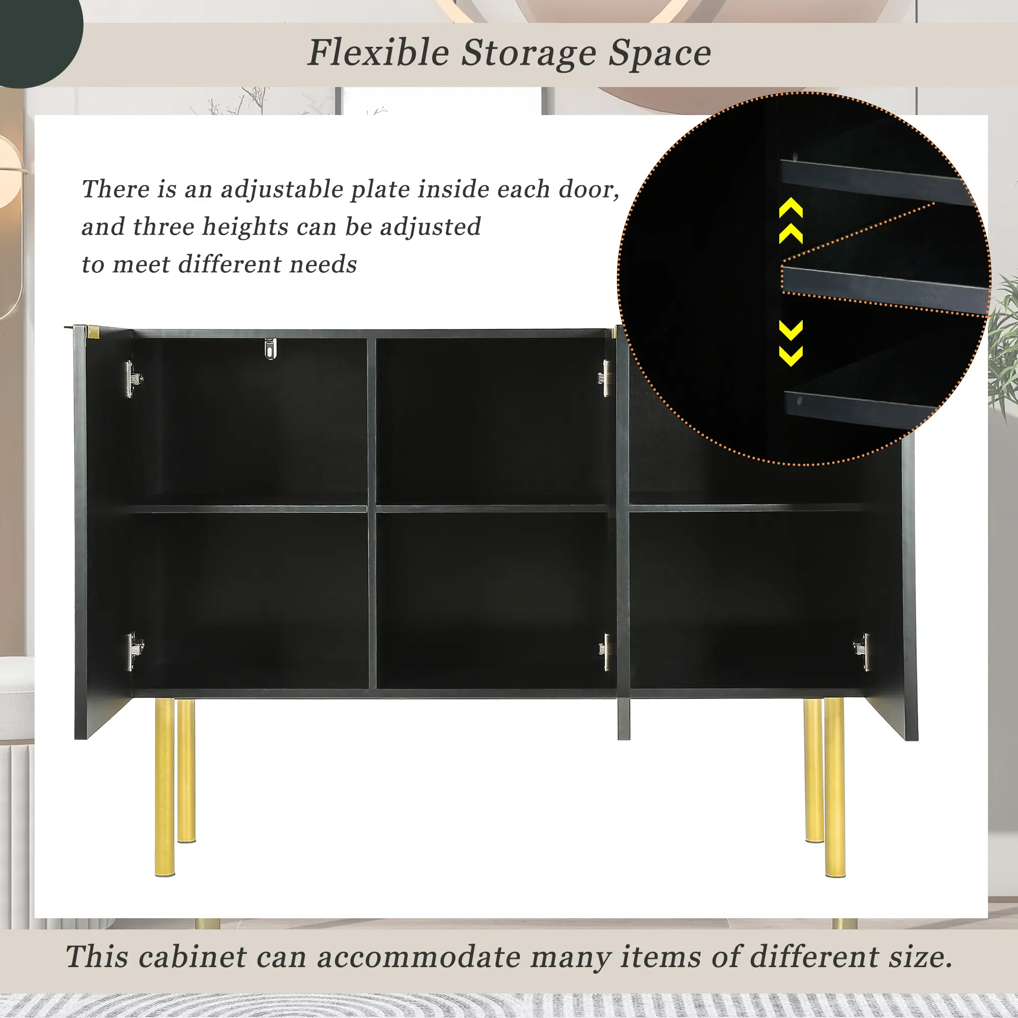 Modern Simple & Luxury Style Sideboard Particle Board & MDF Board Cabinet with Gold Metal Legs & Handles, Adjustable Shelves for