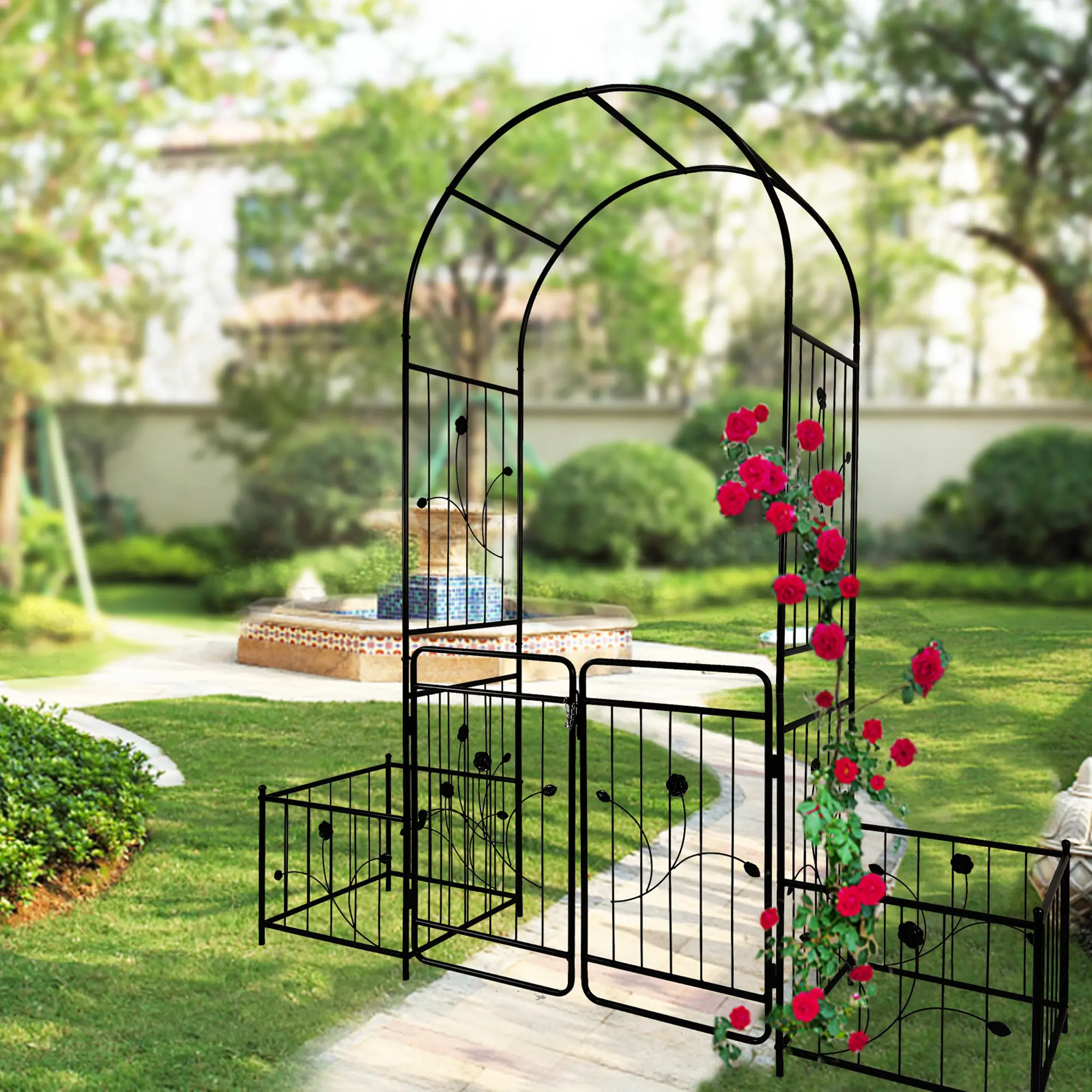 Metal Garden Arch with Gate 6.63ft Wide x 7.2ft High Climbing Plants Support Rose Arch Outdoor Black