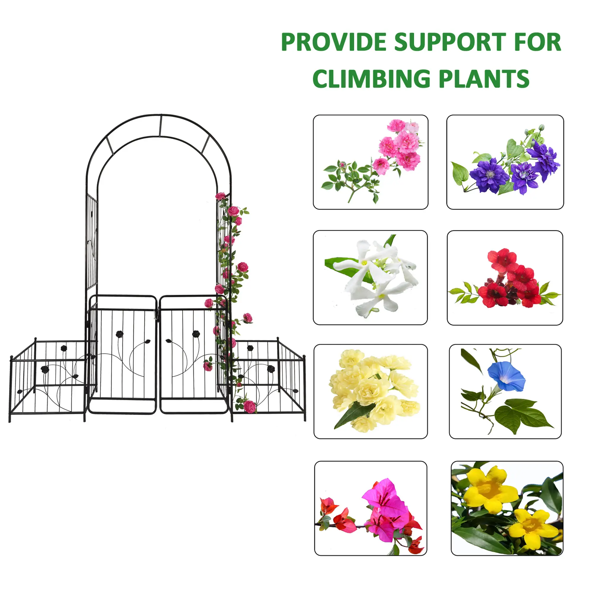 Metal Garden Arch with Gate 6.63ft Wide x 7.2ft High Climbing Plants Support Rose Arch Outdoor Black