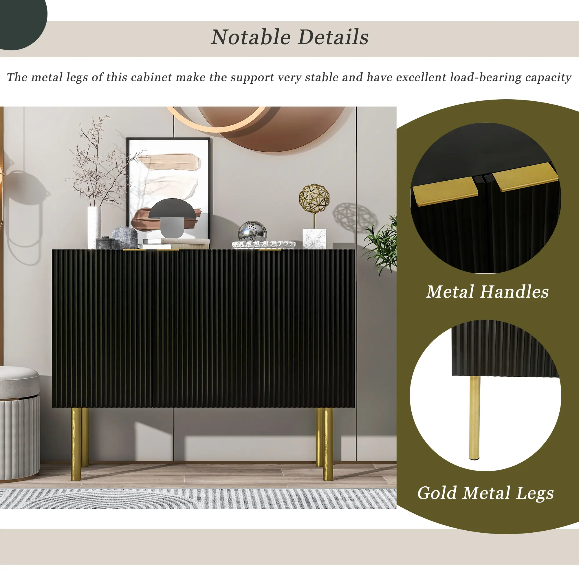 Modern Simple & Luxury Style Sideboard Particle Board & MDF Board Cabinet with Gold Metal Legs & Handles, Adjustable Shelves for