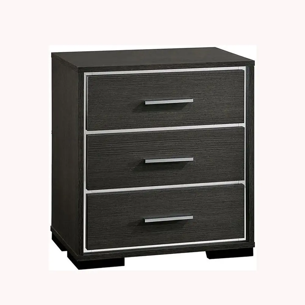 1x Nightstand Solid wood Warm Gray Sleek Modern Lines Chrome Trim Insert Contemporary Bedroom Furniture