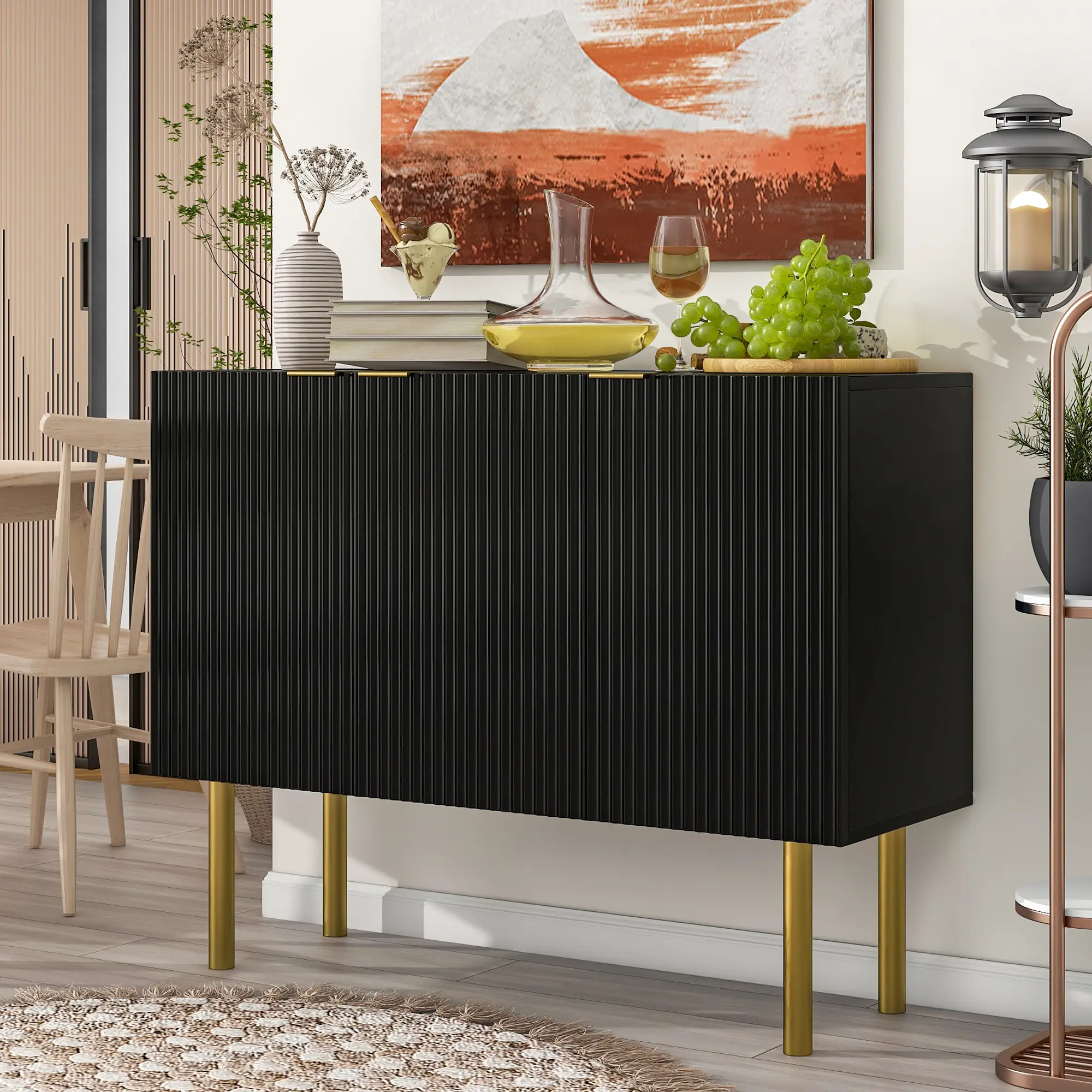 Modern Simple & Luxury Style Sideboard Particle Board & MDF Board Cabinet with Gold Metal Legs & Handles, Adjustable Shelves for