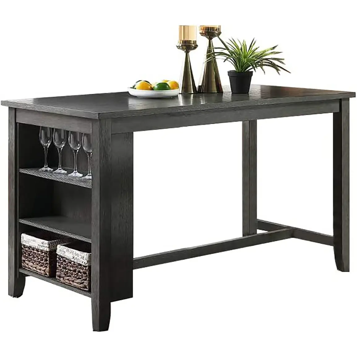 Modern Dark Brown Finish 5pc Counter Height High Dining Table w Storage Shelves 4x High Chairs Wooden Kitchen Breakfast Table Di