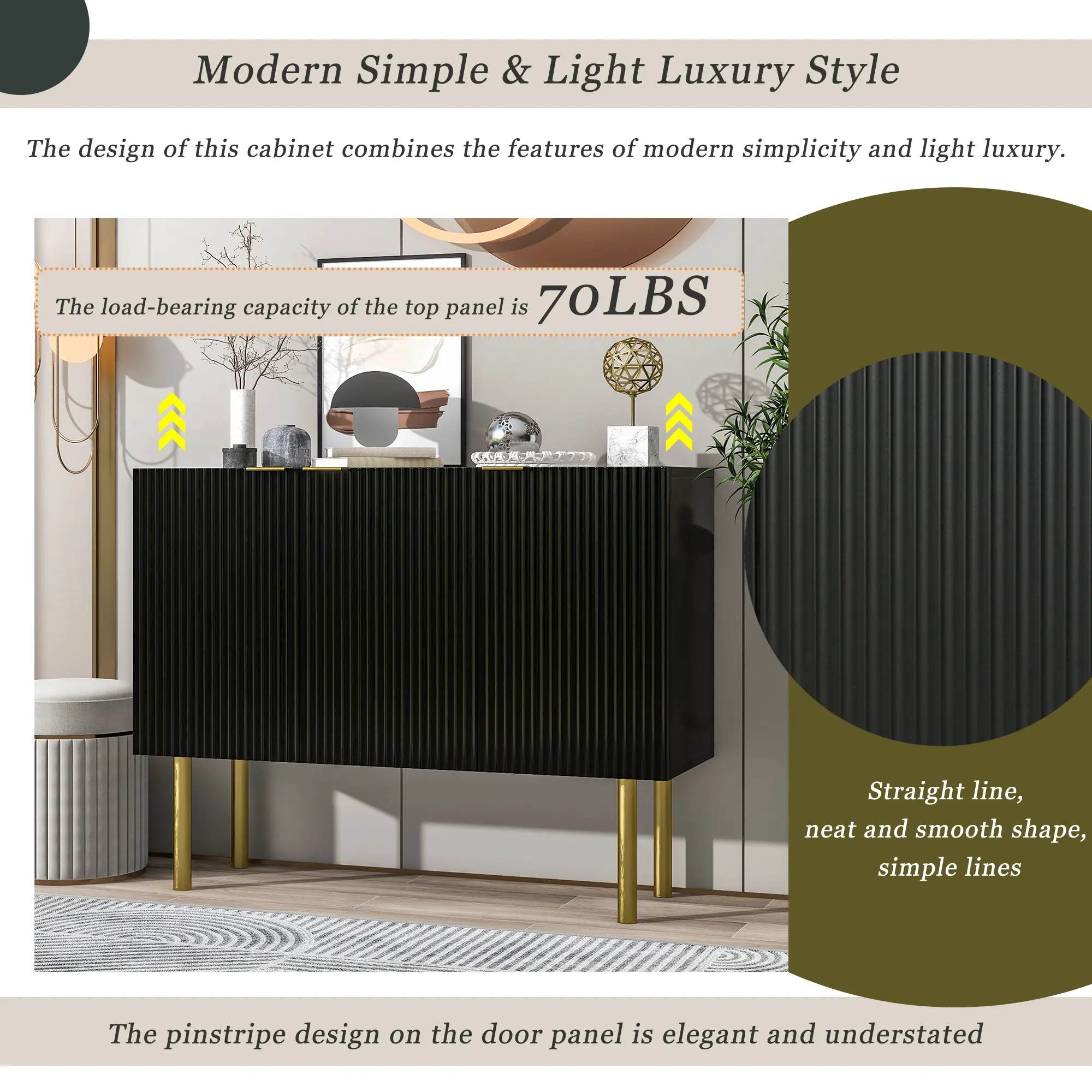 Modern Simple & Luxury Style Sideboard Particle Board & MDF Board Cabinet with Gold Metal Legs & Handles, Adjustable Shelves for