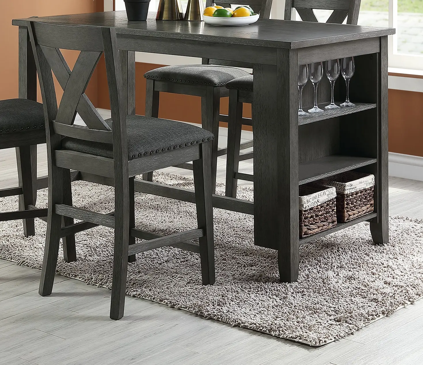 Modern Dark Brown Finish 5pc Counter Height High Dining Table w Storage Shelves 4x High Chairs Wooden Kitchen Breakfast Table Di