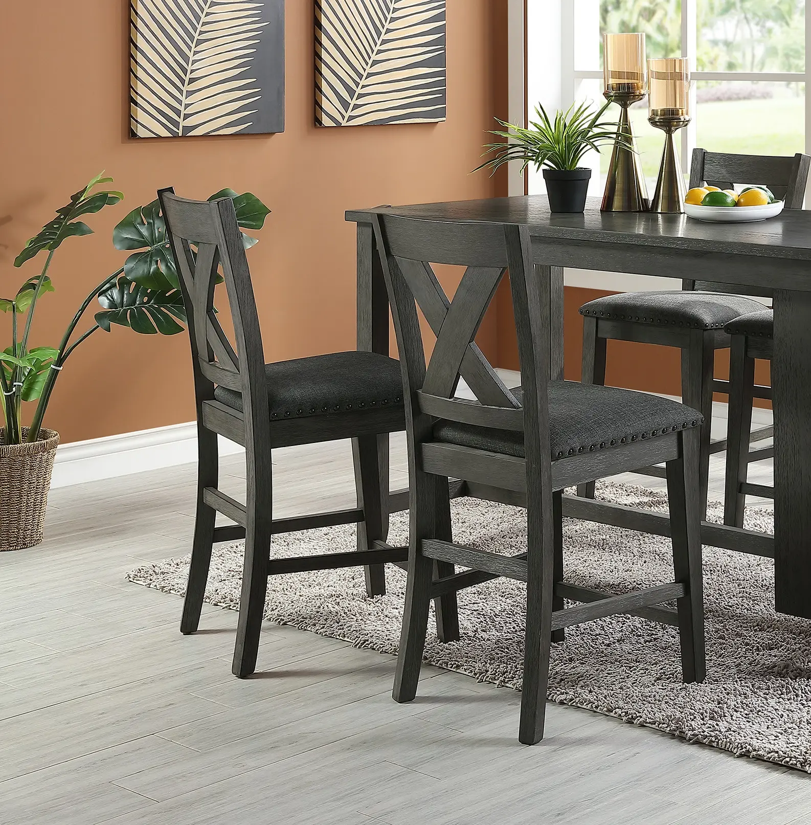 Modern Dark Brown Finish 5pc Counter Height High Dining Table w Storage Shelves 4x High Chairs Wooden Kitchen Breakfast Table Di