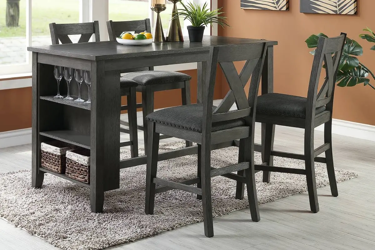 Modern Dark Brown Finish 5pc Counter Height High Dining Table w Storage Shelves 4x High Chairs Wooden Kitchen Breakfast Table Di