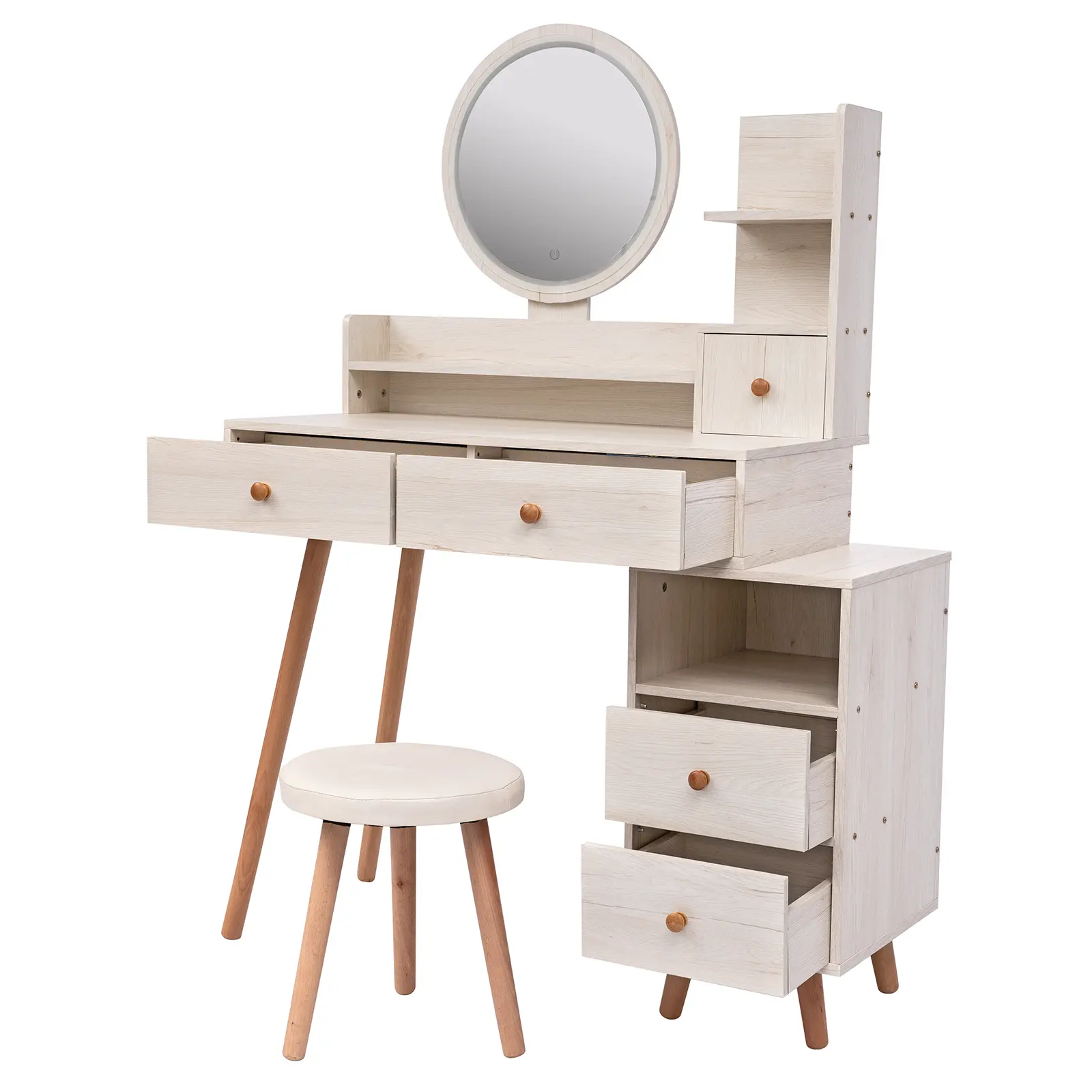 CRAZY ELF Stylish Vanity Table + Cushioned Stool, Touch Control LED Mirror, Large Capacity Storage Cabinet, 5 Drawers, Fashionab