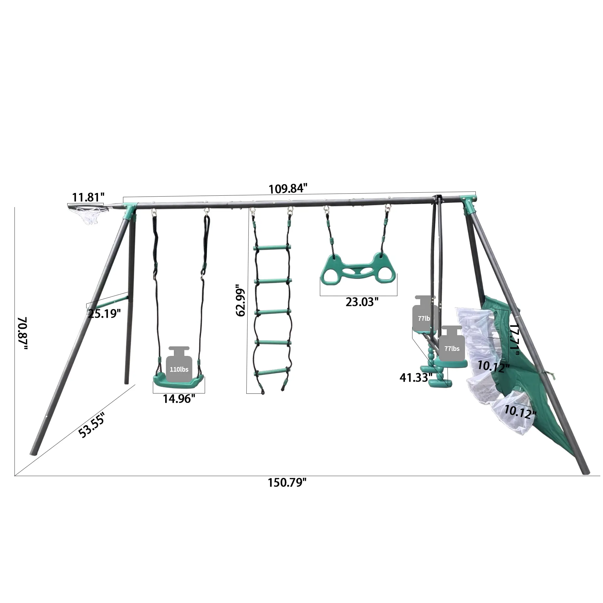 blackish green interesting four function swingset with face to face metal plastic safe swing seat 550lbs for outdoor playground