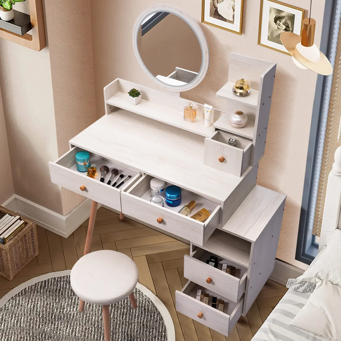 CRAZY ELF Stylish Vanity Table + Cushioned Stool, Touch Control LED Mirror, Large Capacity Storage Cabinet, 5 Drawers, Fashionab