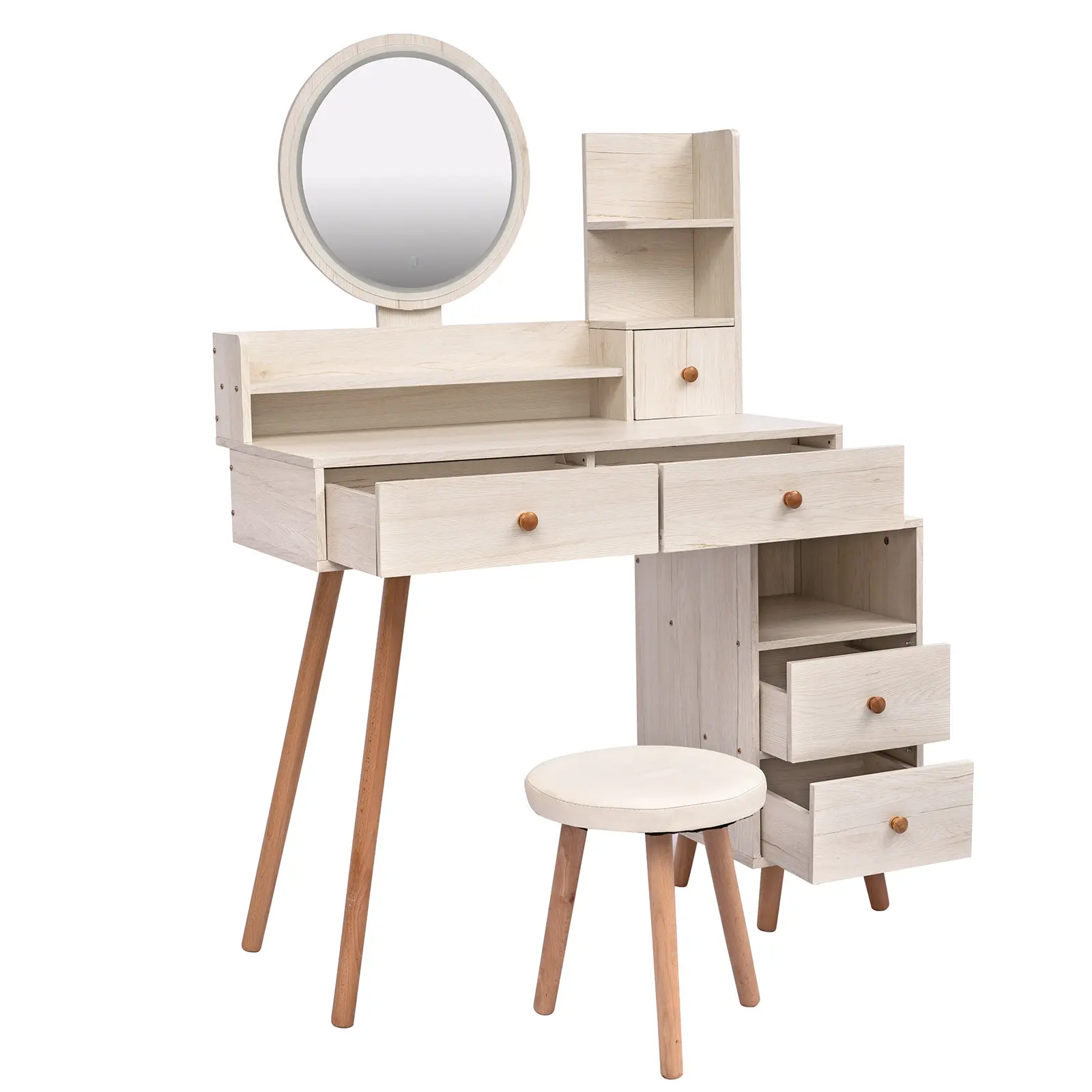 CRAZY ELF Stylish Vanity Table + Cushioned Stool, Touch Control LED Mirror, Large Capacity Storage Cabinet, 5 Drawers, Fashionab