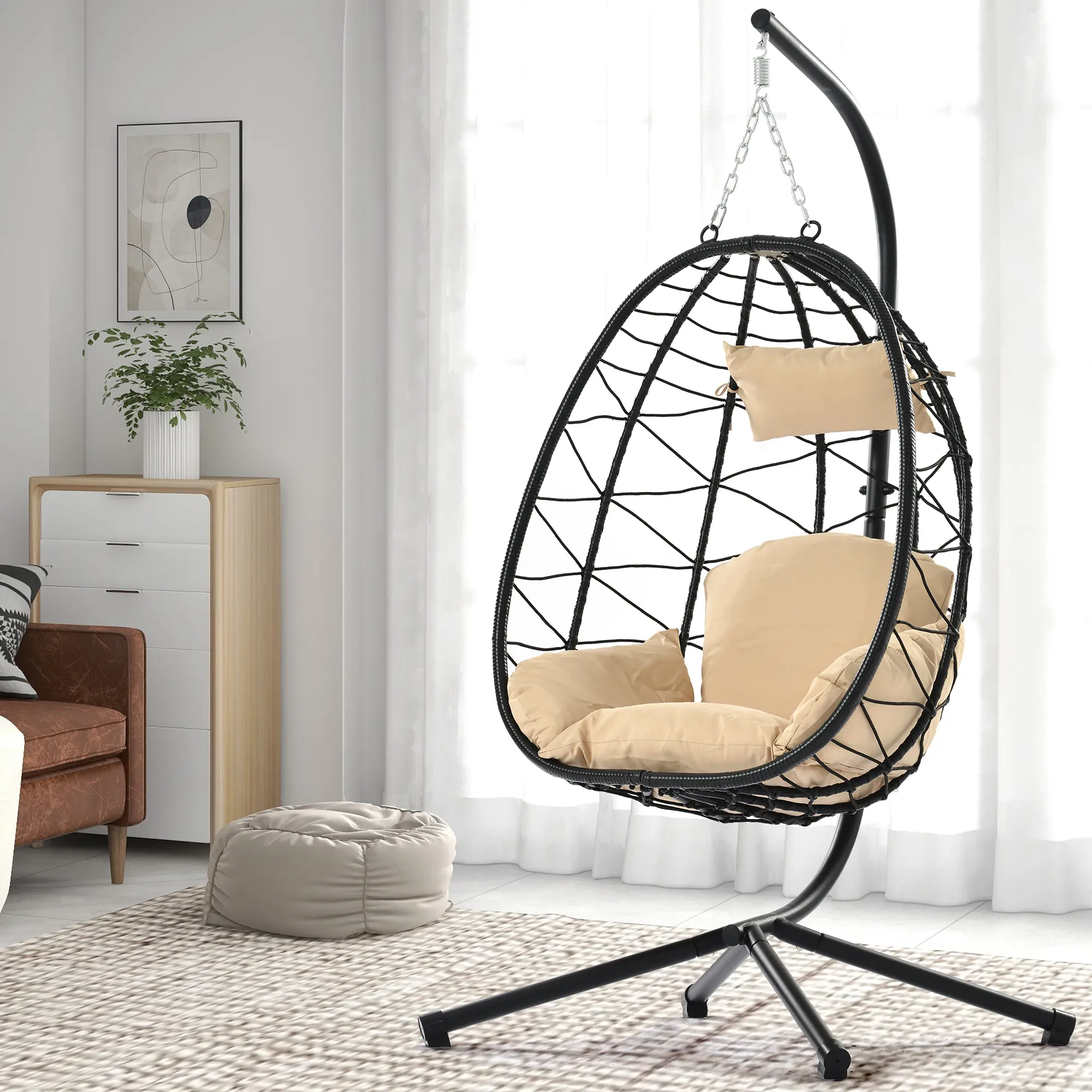 Egg Chair with Stand Indoor Outdoor Swing Chair Patio Wicker Hanging Egg Chair Hanging Basket Chair Hammock Chair with Stand for