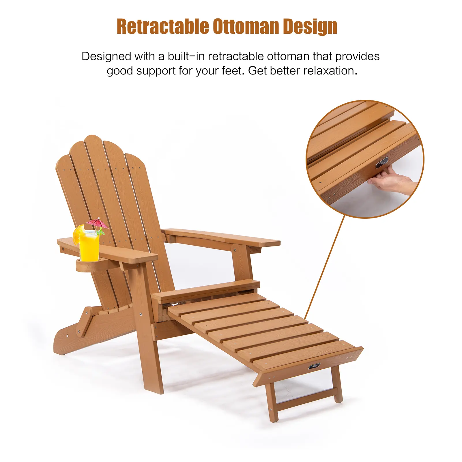 Folding Adirondack Chair with Pullout Ottoman with Cup Holder, Oversized, Poly Lumber,  for Patio Deck Garden, Backyard Furnitur