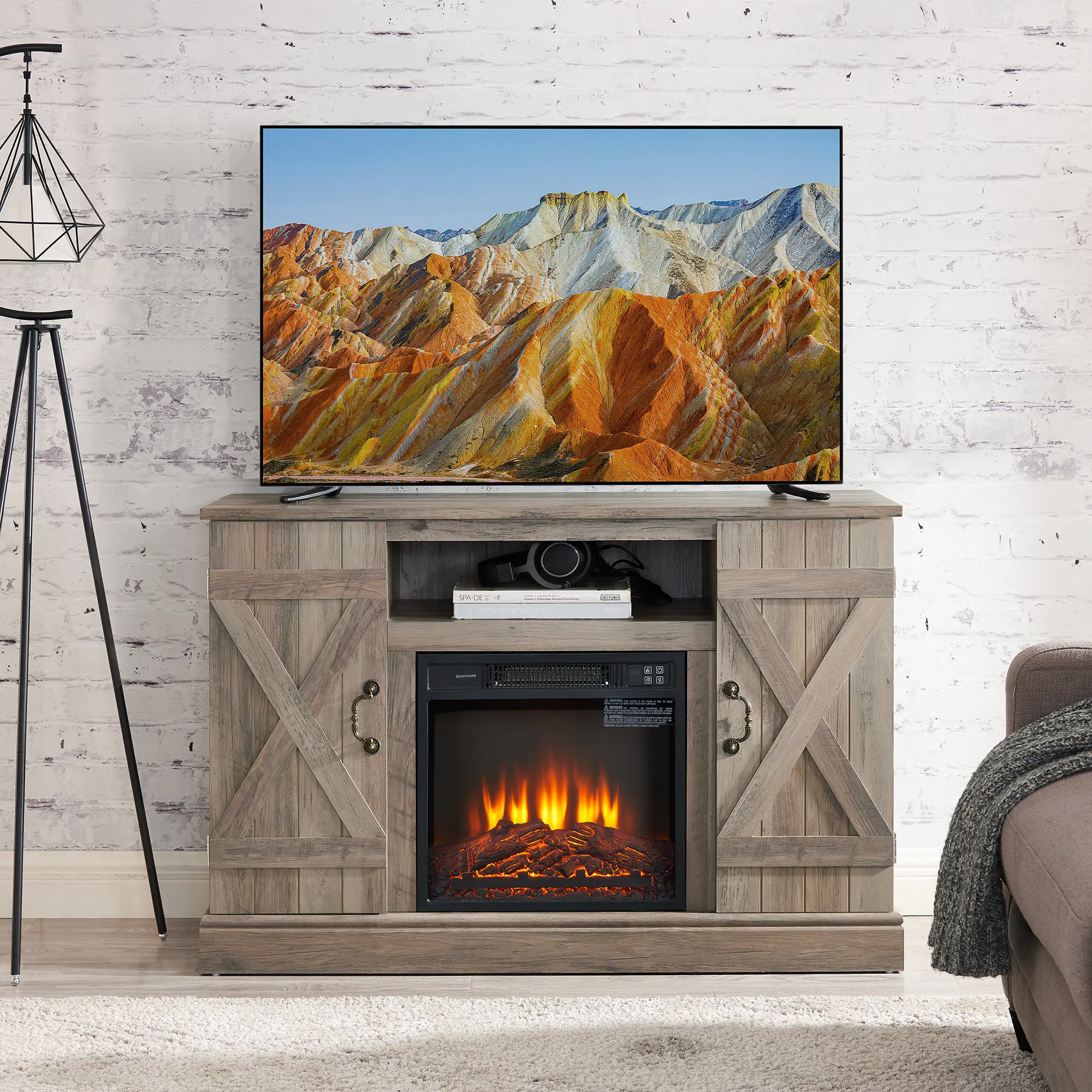 Farmhouse Classic Media TV Stand Antique Entertainment Console with 18" Electric Fireplace Insert for TV up to 50" with Open and