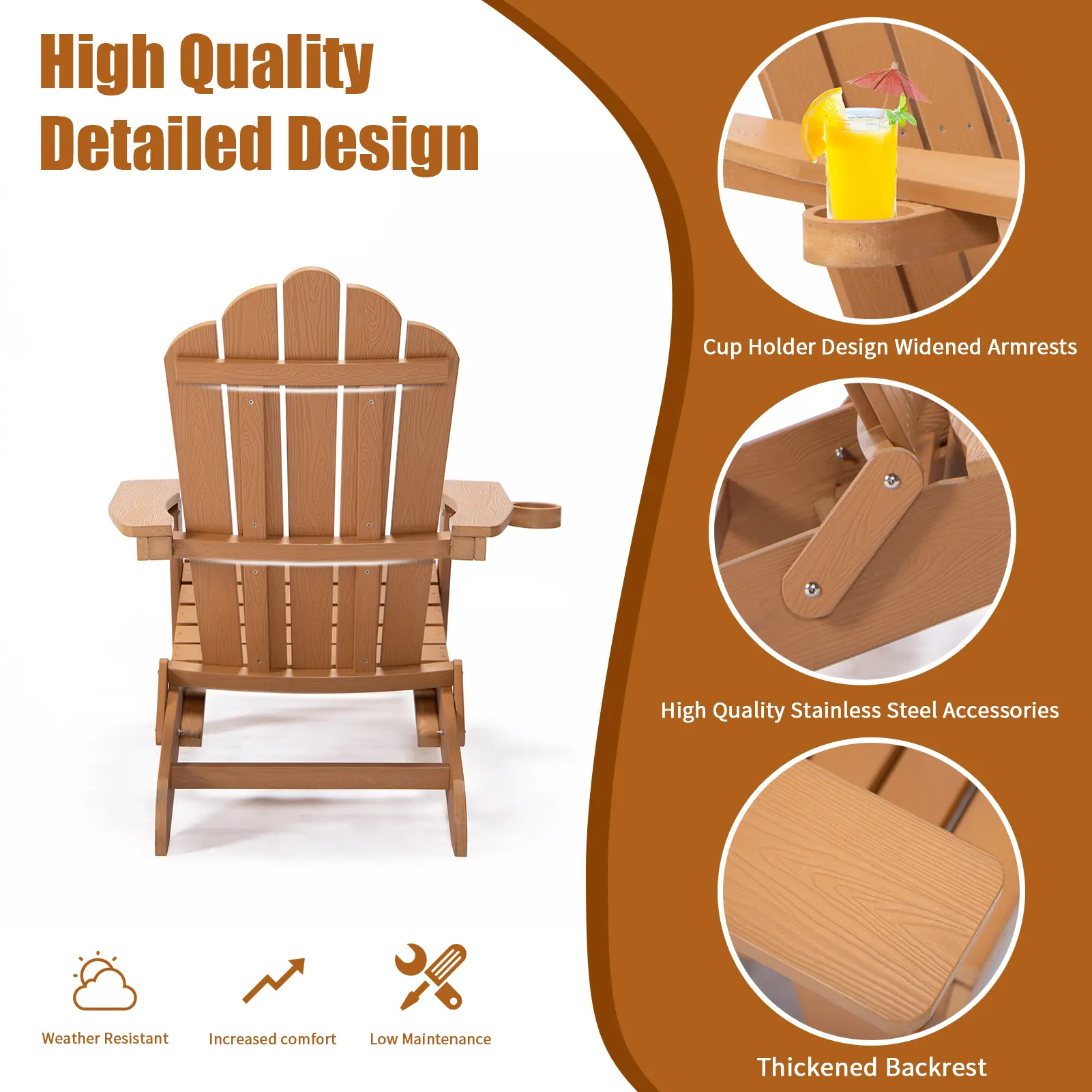 Folding Adirondack Chair with Pullout Ottoman with Cup Holder, Oversized, Poly Lumber,  for Patio Deck Garden, Backyard Furnitur
