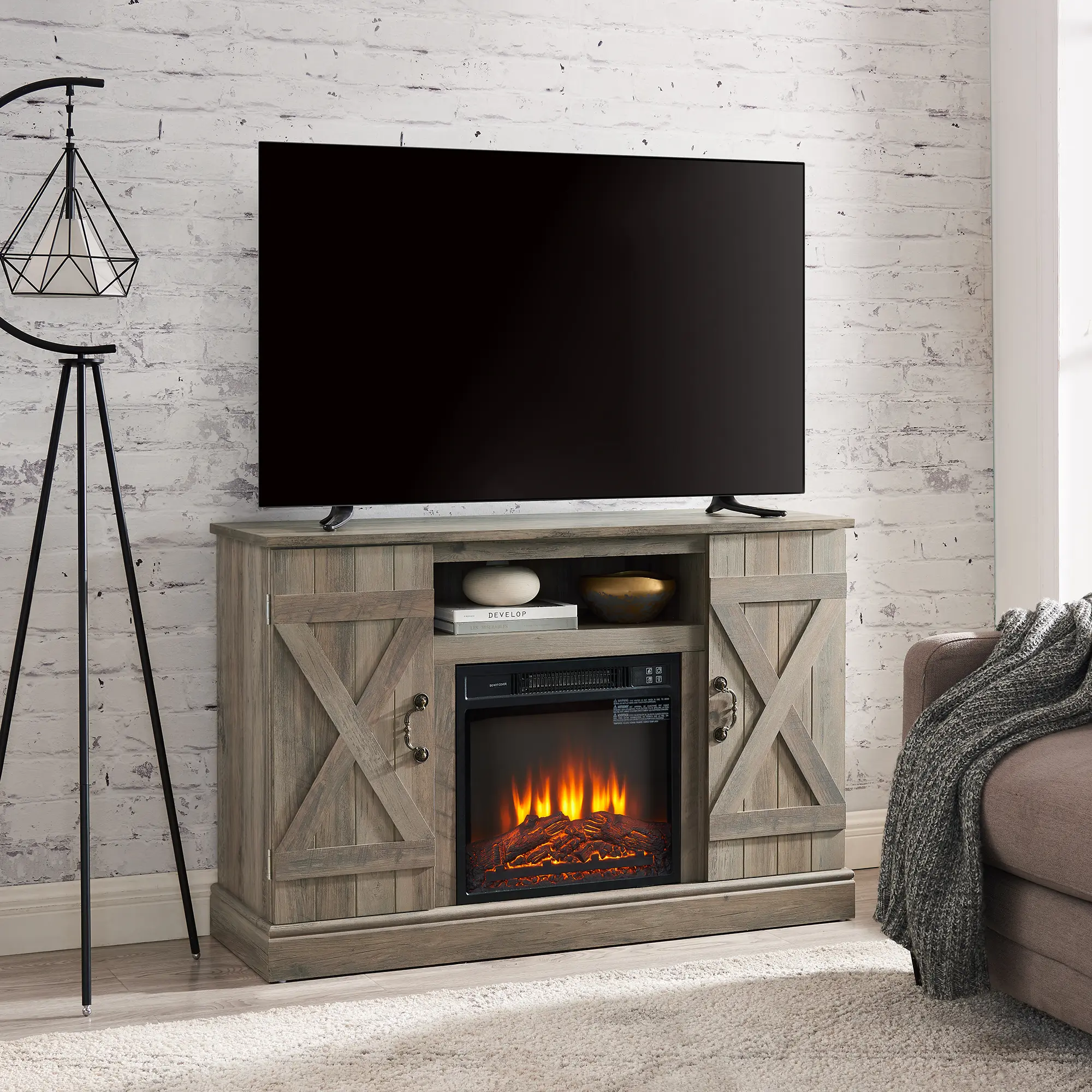 Farmhouse Classic Media TV Stand Antique Entertainment Console with 18" Electric Fireplace Insert for TV up to 50" with Open and