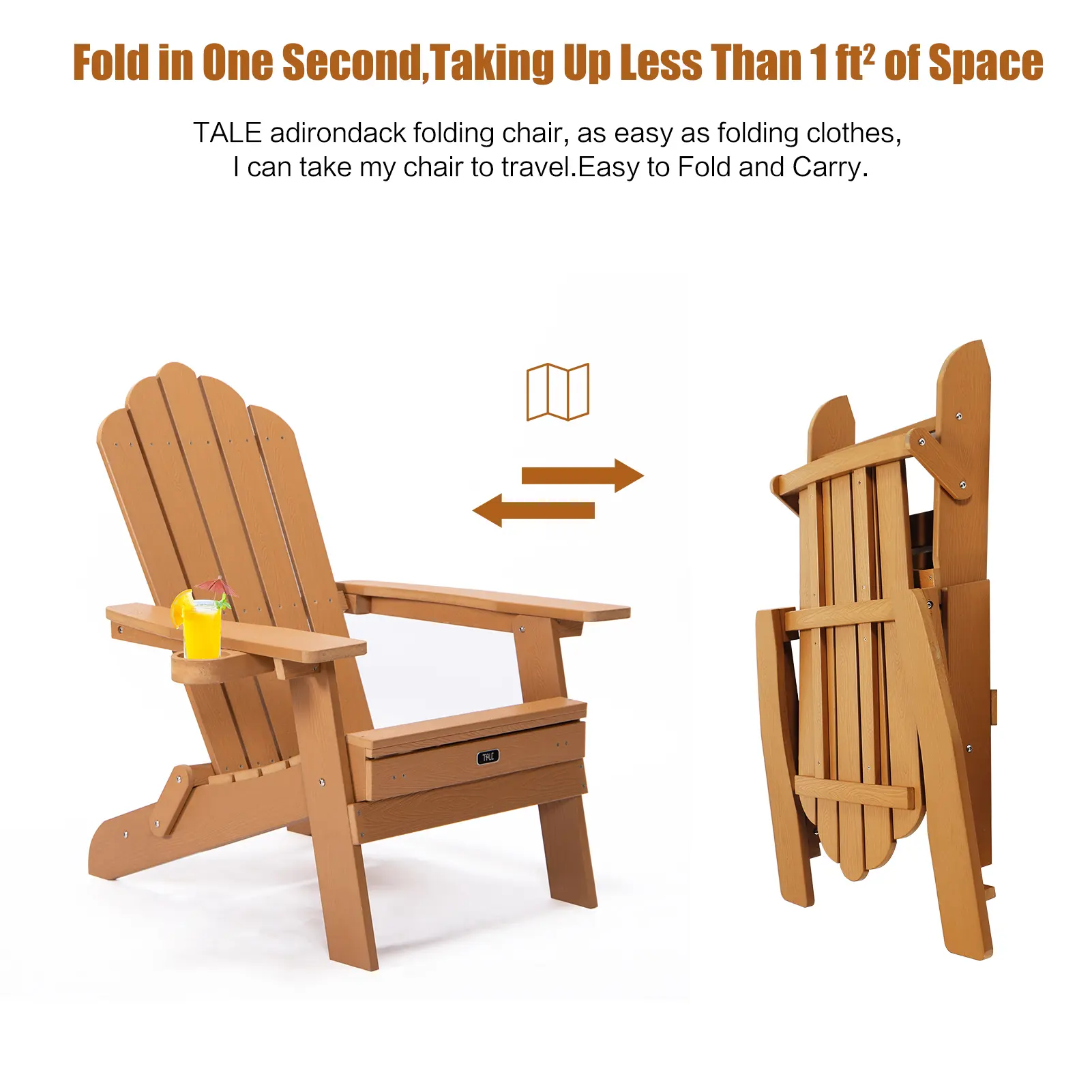 Folding Adirondack Chair with Pullout Ottoman with Cup Holder, Oversized, Poly Lumber,  for Patio Deck Garden, Backyard Furnitur