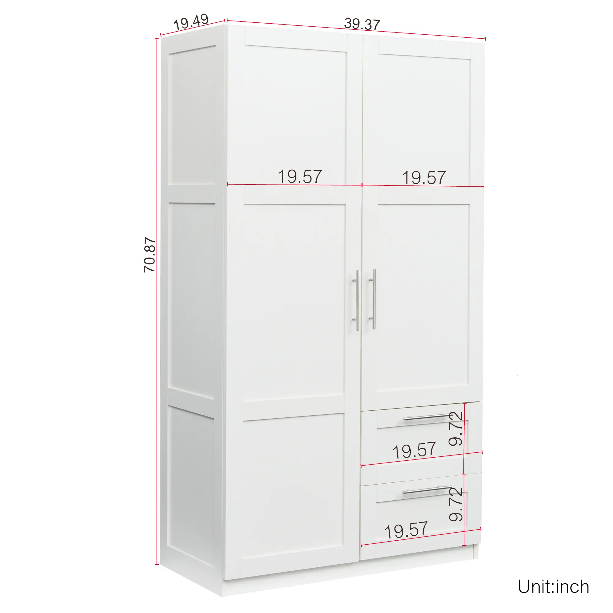 High wardrobe and kitchen cabinet with 2 doors, 2 drawers and 5 storage spaces,white