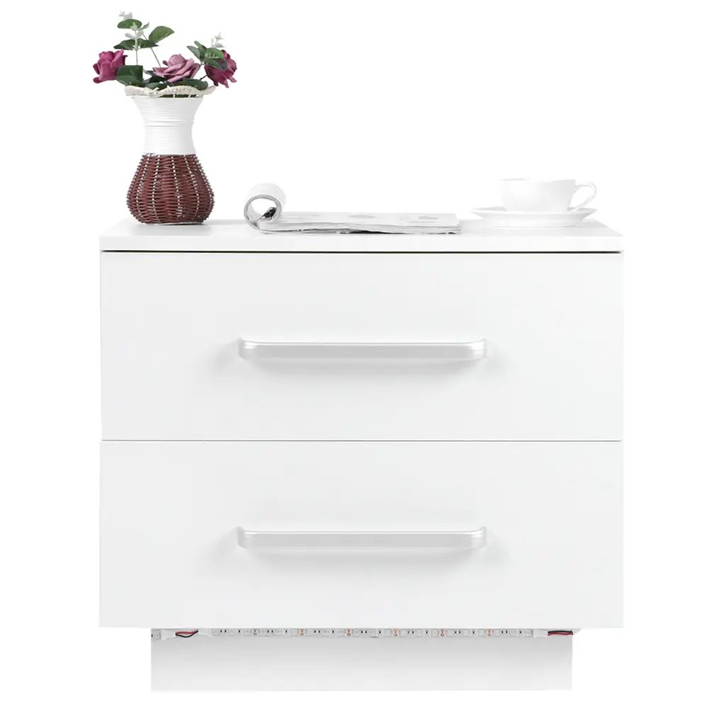 Home Furniture LED Bedside Table Modern Stylish 2 Drawers Bedside Cabinet with LED Blue Light High Gloss Front Panel for Bedroom