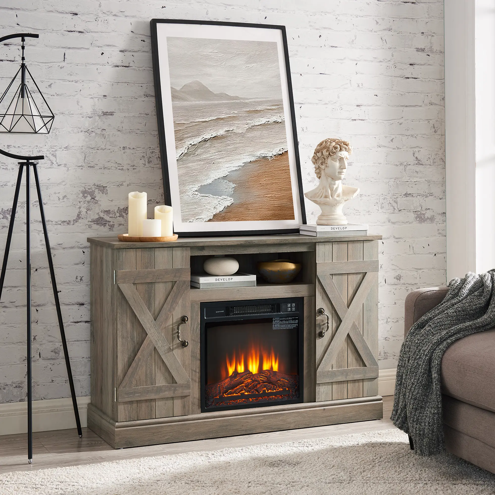 Farmhouse Classic Media TV Stand Antique Entertainment Console with 18" Electric Fireplace Insert for TV up to 50" with Open and