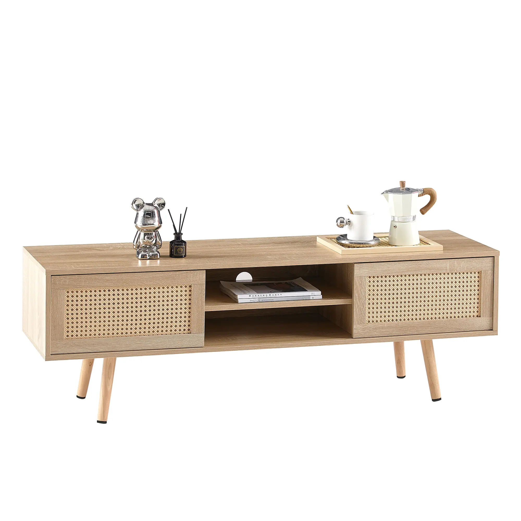 55.12" Rattan TV cabinet, double sliding doors for storage,  adjustable shelf, solid wood legs, TV console for living room ,natu