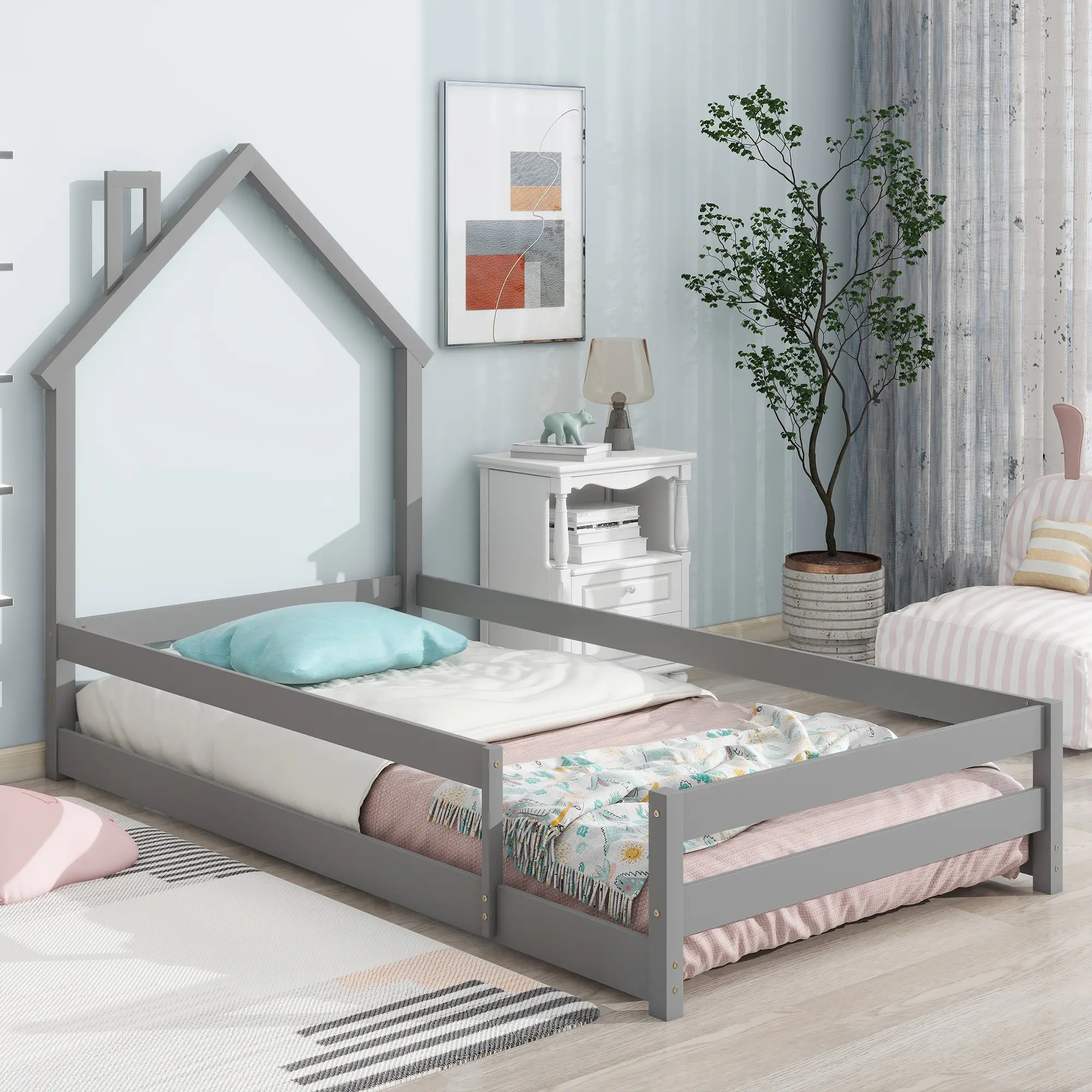 Twin Size Wood bed with House-shaped Headboard Floor bed with Fences,Grey