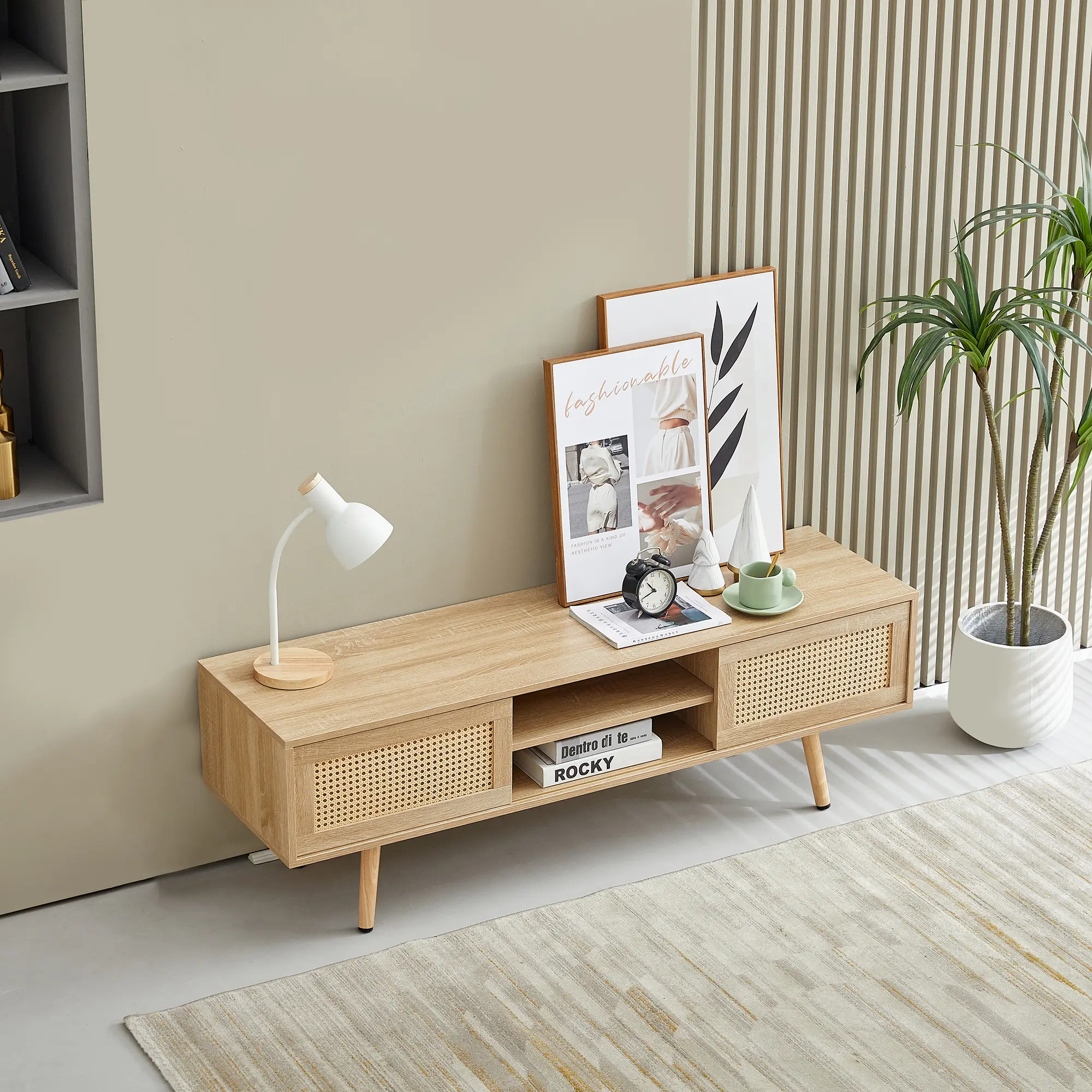 55.12" Rattan TV cabinet, double sliding doors for storage,  adjustable shelf, solid wood legs, TV console for living room ,natu