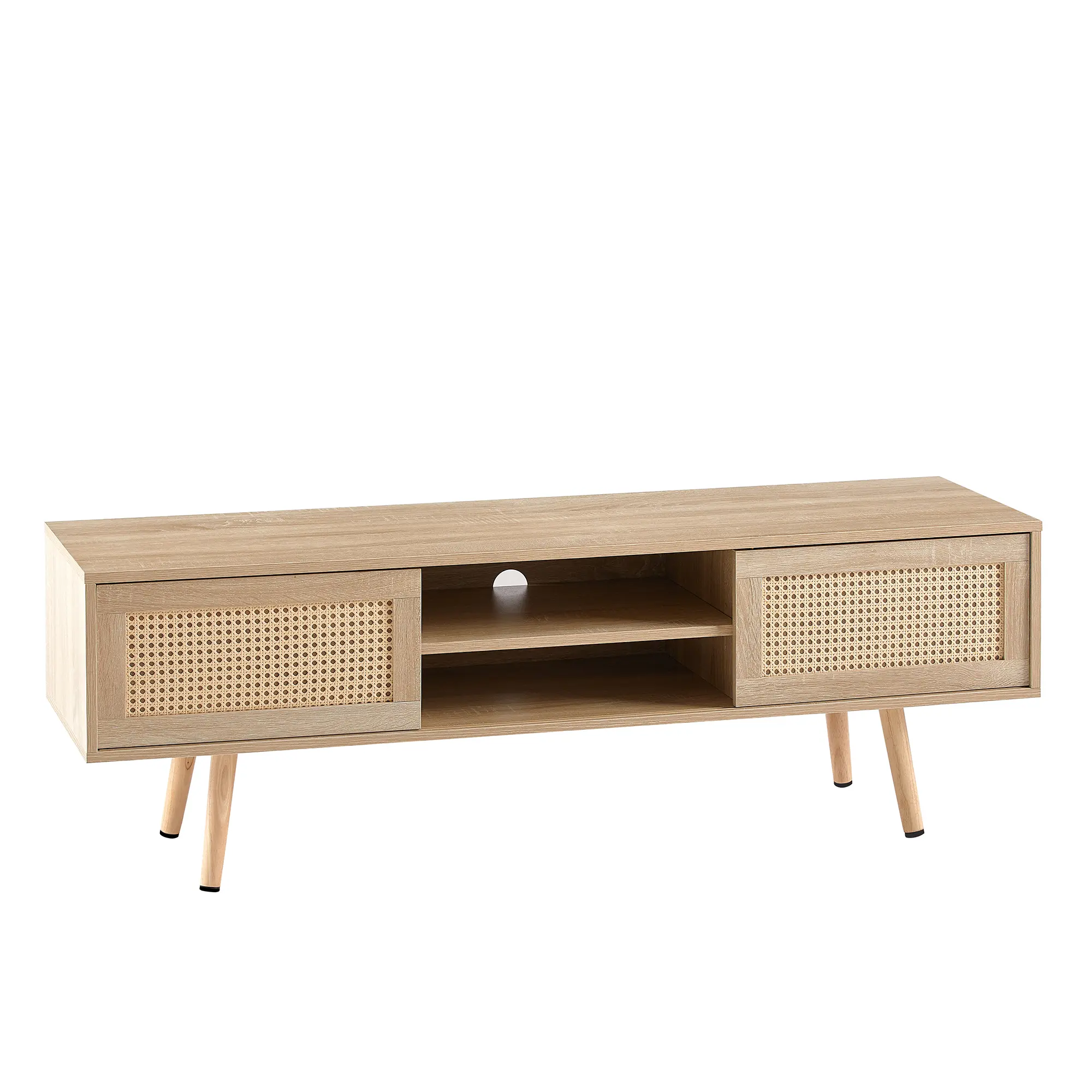 55.12" Rattan TV cabinet, double sliding doors for storage,  adjustable shelf, solid wood legs, TV console for living room ,natu