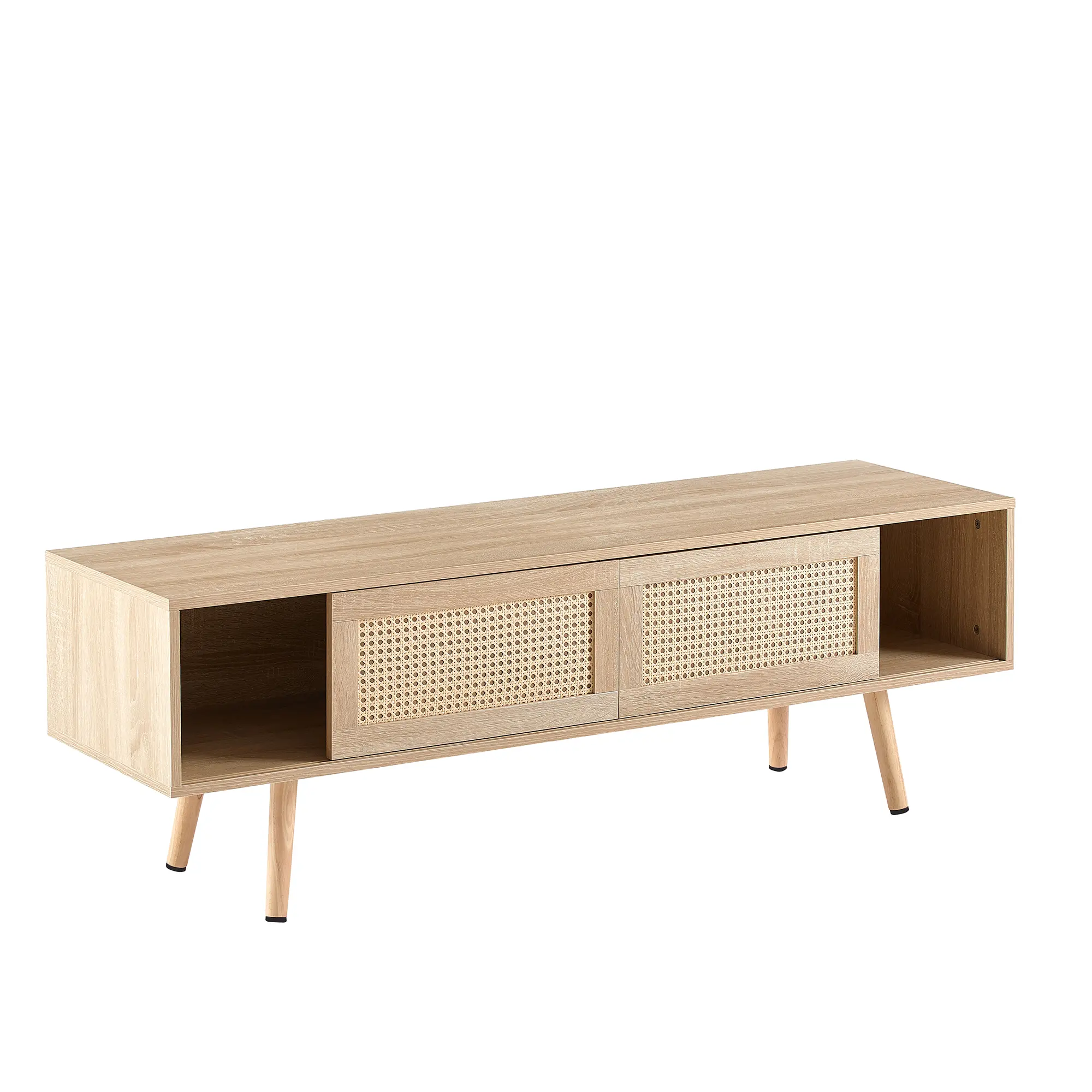 55.12" Rattan TV cabinet, double sliding doors for storage,  adjustable shelf, solid wood legs, TV console for living room ,natu
