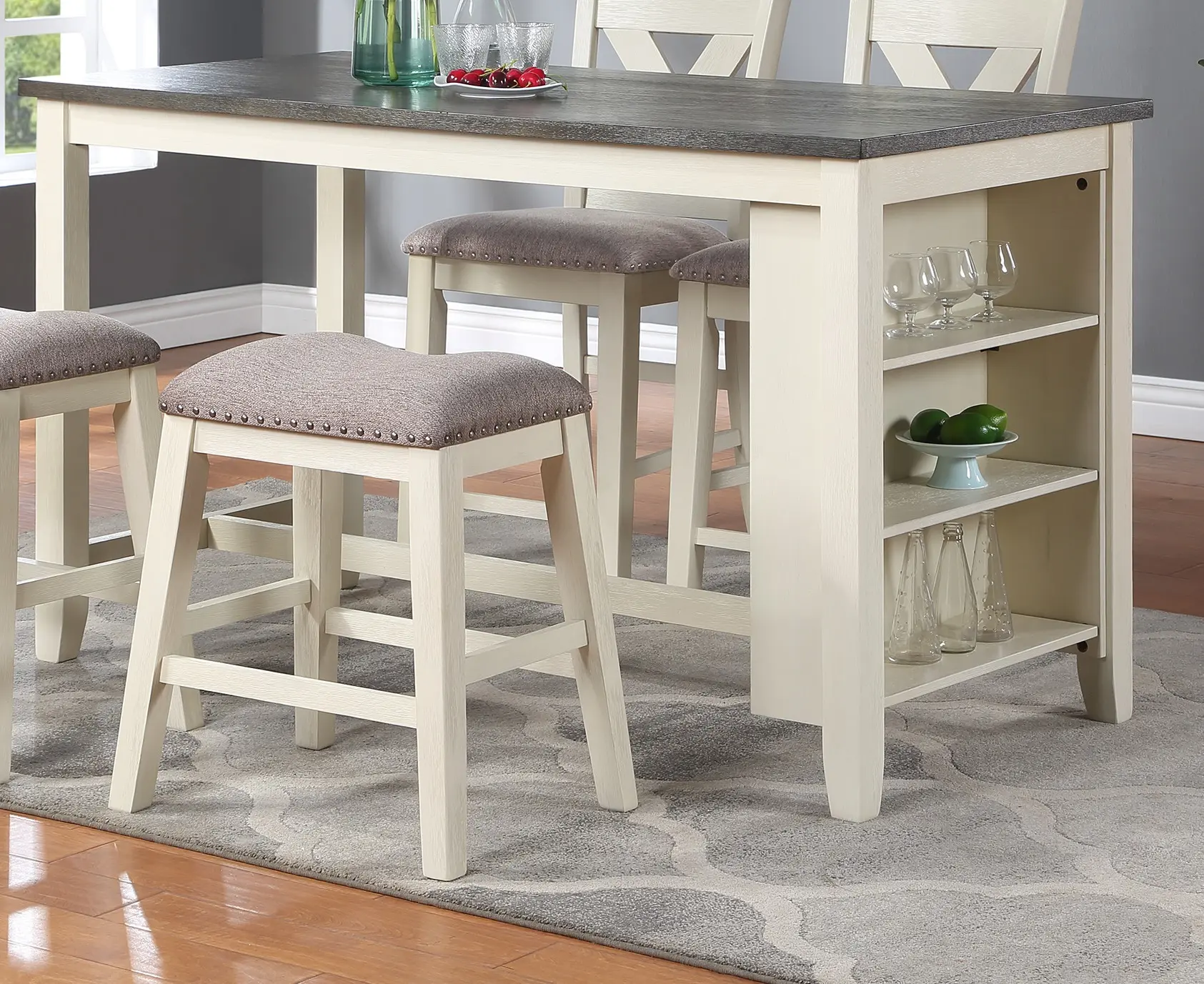 Modern Contemporary 5pc Counter Height High Dining Table w Storage Shelves High Chairs And Stools Wooden Kitchen Breakfast Table