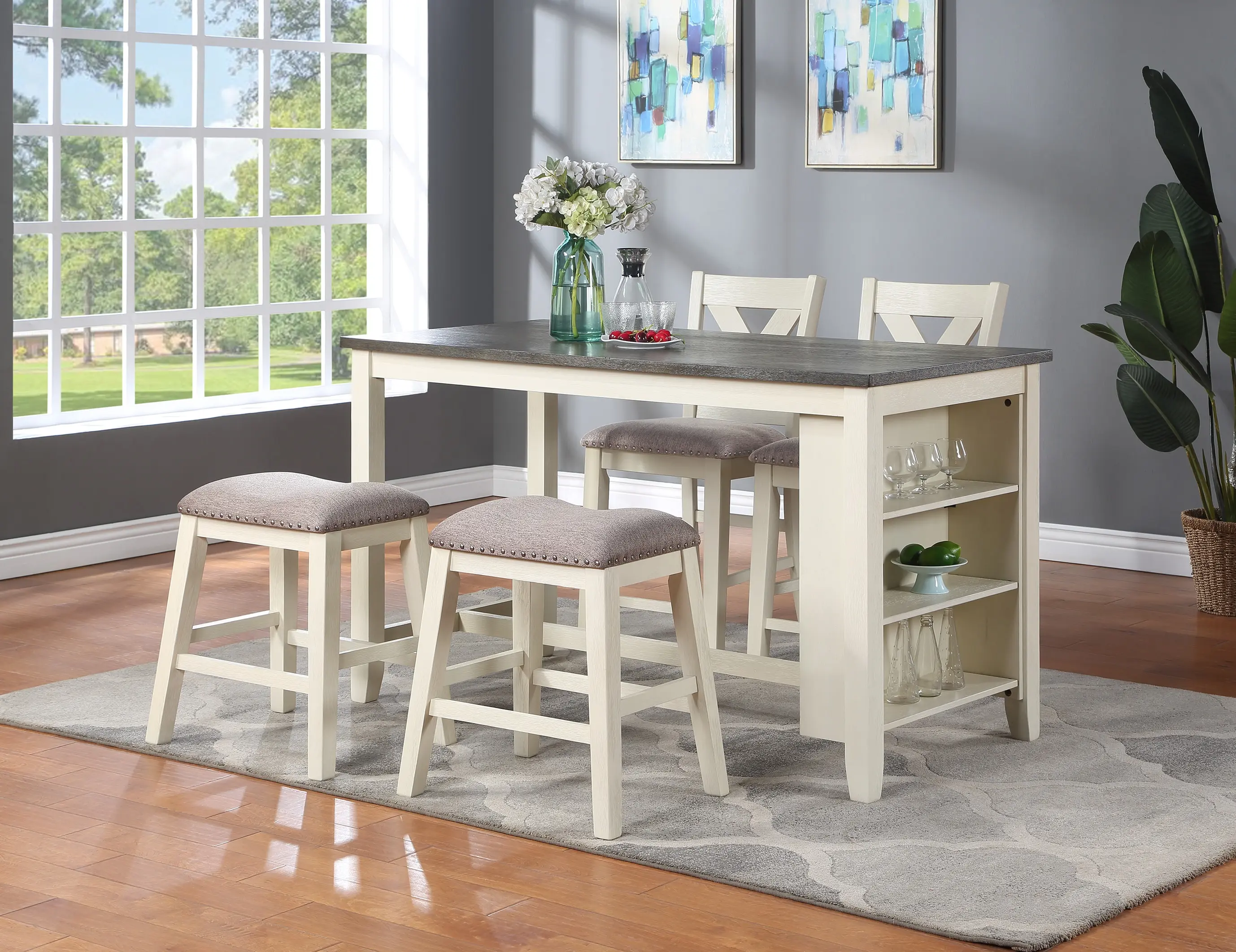 Modern Contemporary 5pc Counter Height High Dining Table w Storage Shelves High Chairs And Stools Wooden Kitchen Breakfast Table