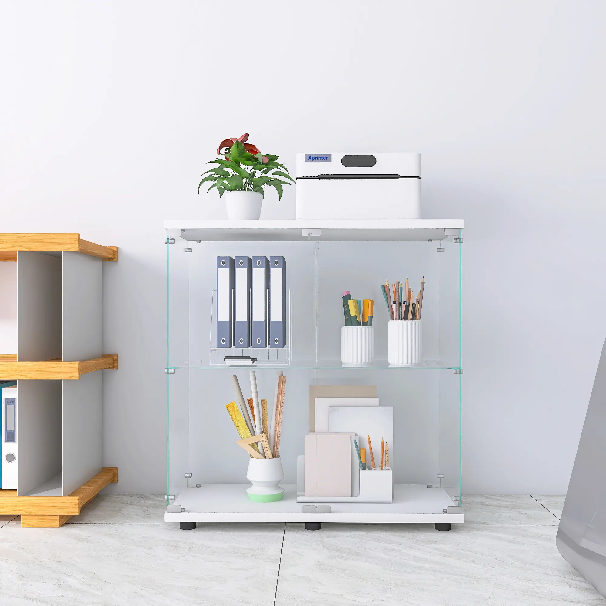 Two-door Glass Display Cabinet 2 Shelves with Door, Floor Standing Curio Bookshelf for Living Room Bedroom Office, 33.35"*31.69"