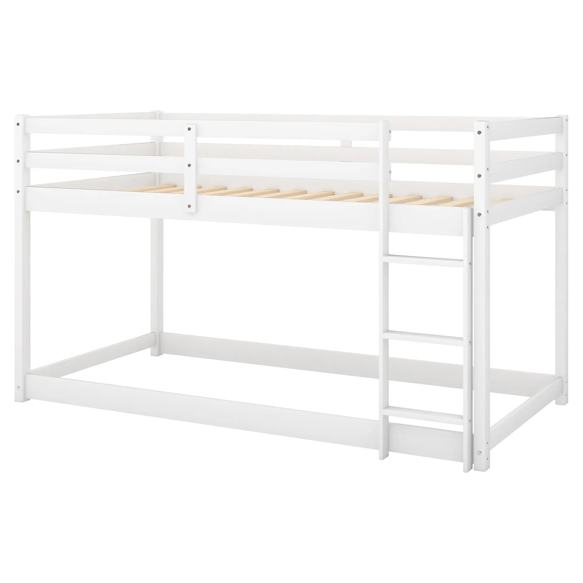Twin over Twin Floor Bunk Bed with Ladder , White