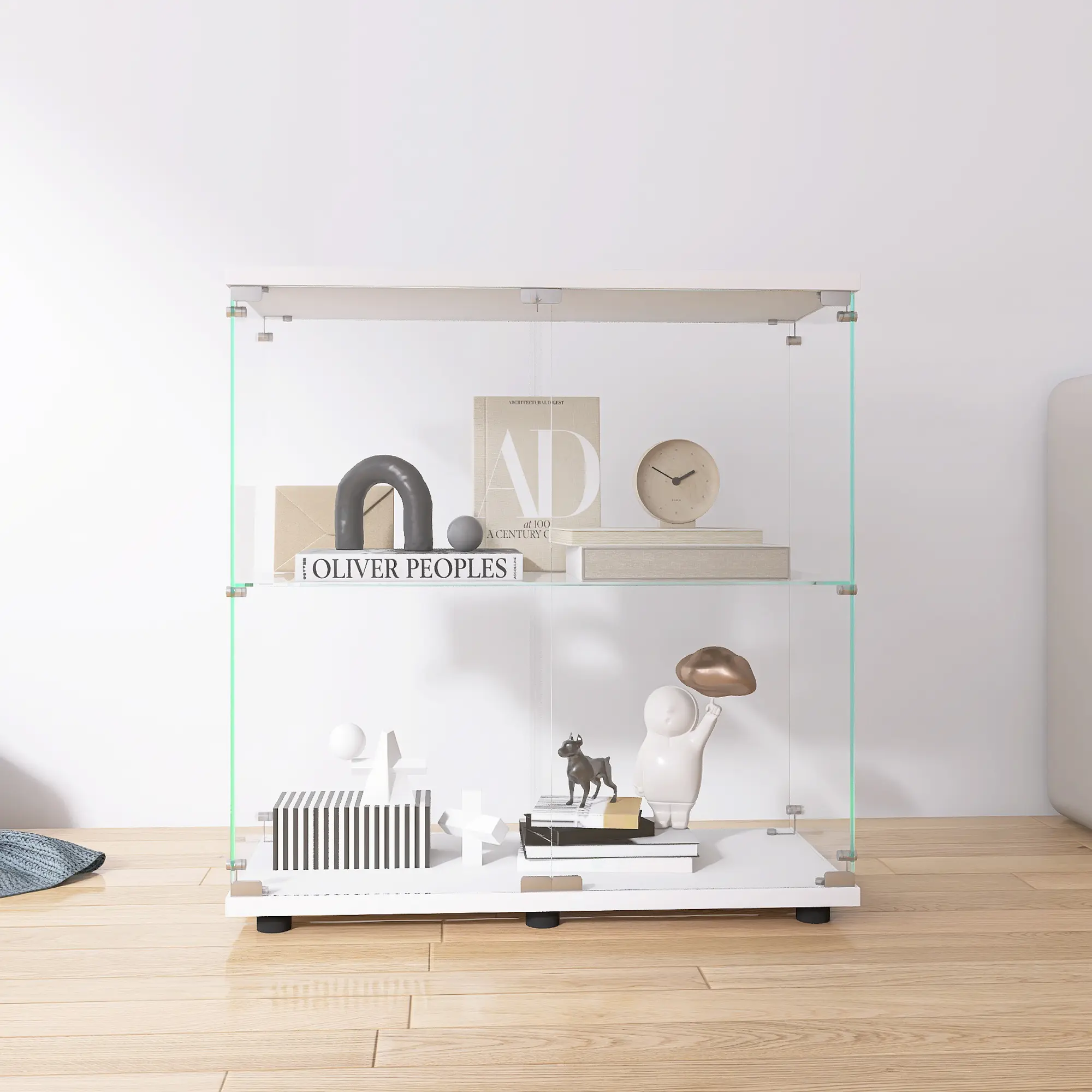 Two-door Glass Display Cabinet 2 Shelves with Door, Floor Standing Curio Bookshelf for Living Room Bedroom Office, 33.35"*31.69"