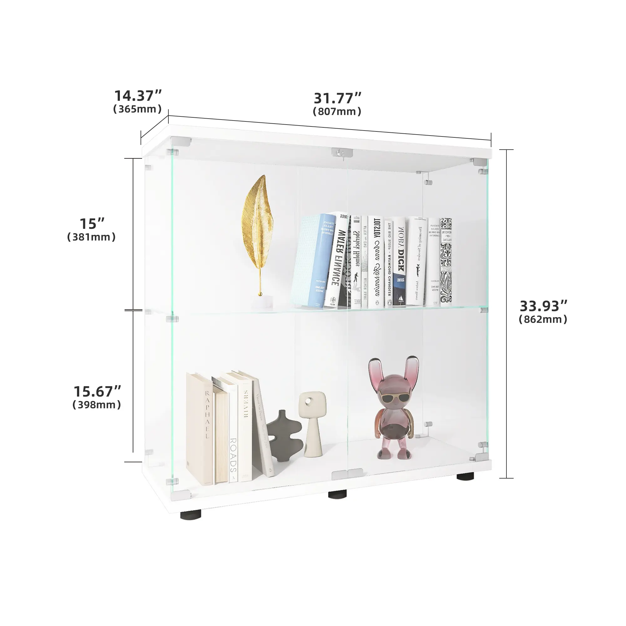 Two-door Glass Display Cabinet 2 Shelves with Door, Floor Standing Curio Bookshelf for Living Room Bedroom Office, 33.35"*31.69"