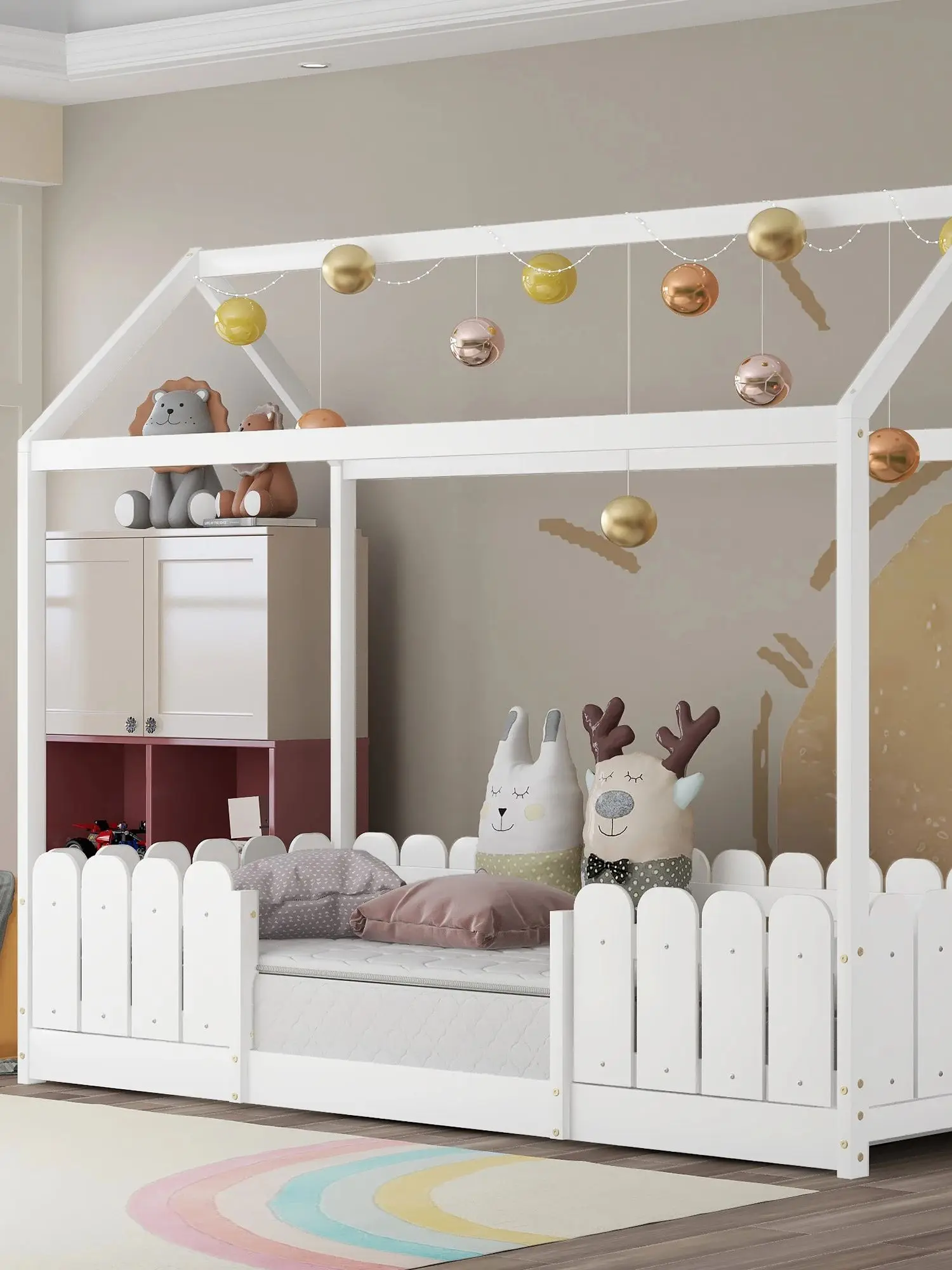 （Slats are not included) Twin Size Wood Bed House Bed Frame with Fence, for Kids, Teens, Girls, Boys (White )