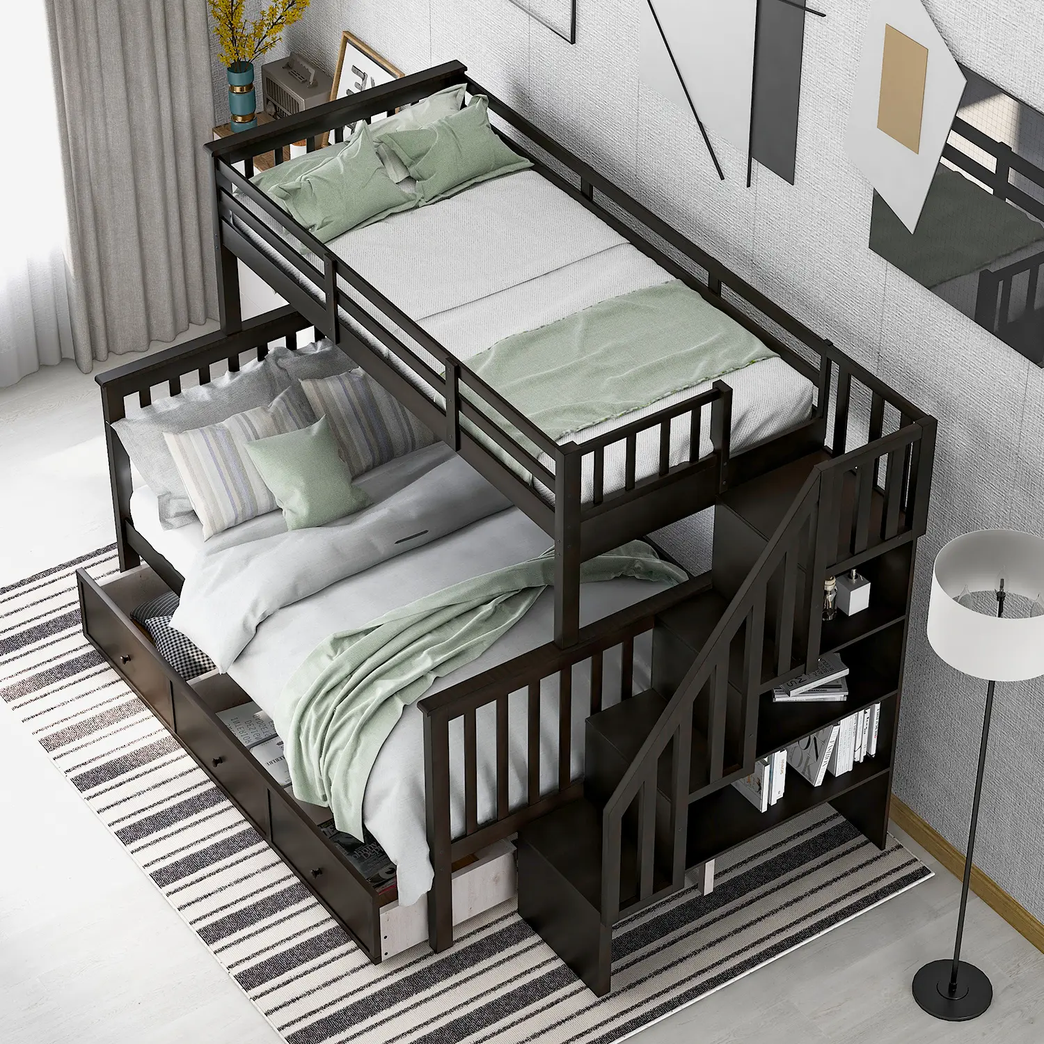 Stairway Twin-Over-Full Bunk Bed with Drawer, Storage and Guard Rail for Bedroom, Dorm, for Adults, Espresso color