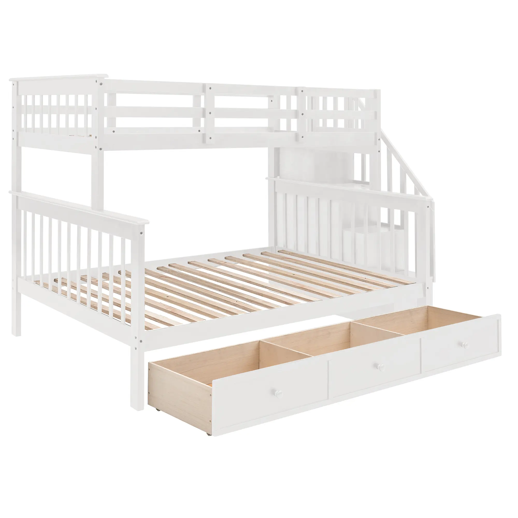 Stairway Twin-Over-Full Bunk Bed with Drawer, Storage and Guard Rail for Bedroom, Dorm, for Adults, White color