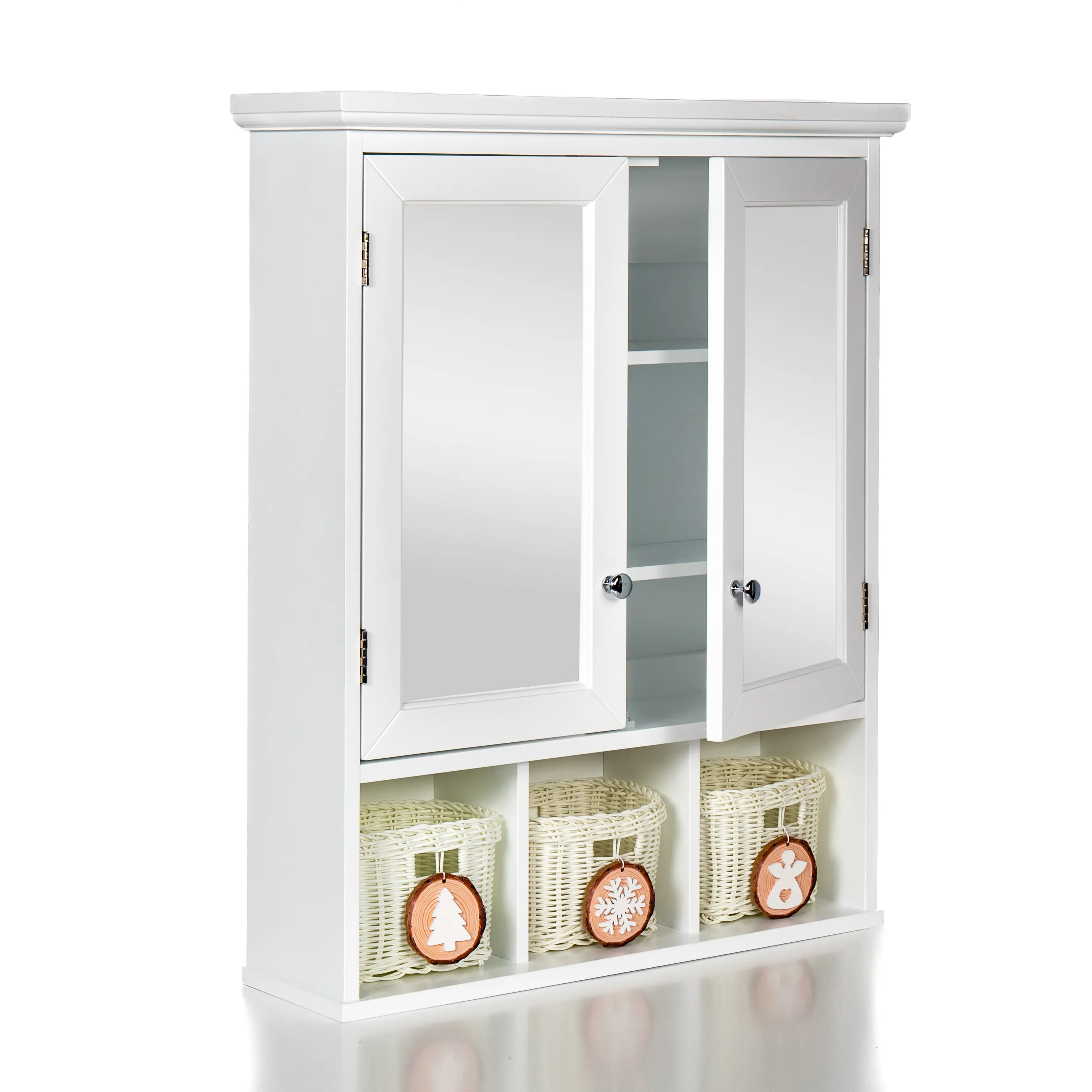 Bathroom Storage Cabinet, Medicine Cabinets for Bathroom with Mirror, 2 Doors 4 Adjustable Shelf + 3 Christmas Style Storage Bas
