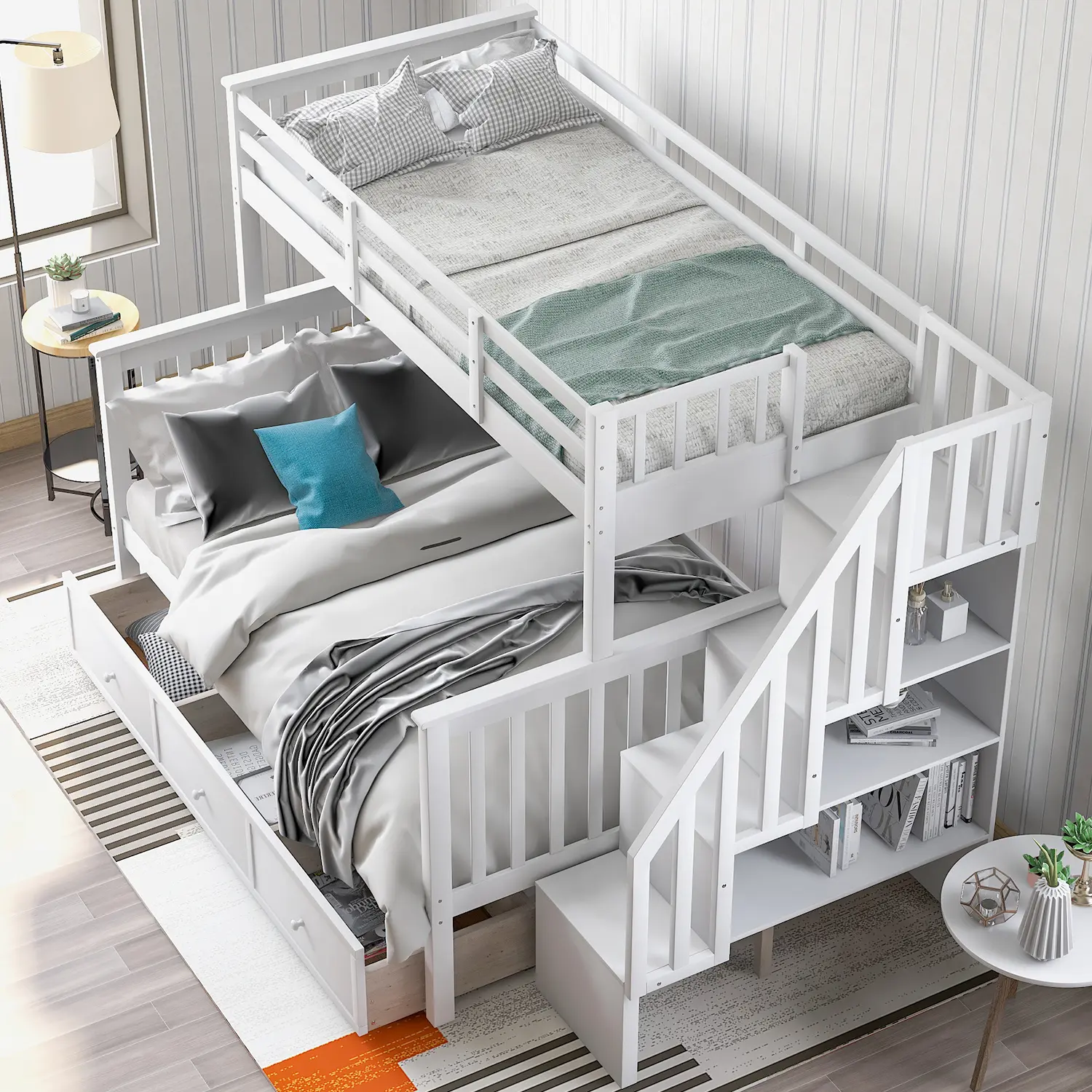 Stairway Twin-Over-Full Bunk Bed with Drawer, Storage and Guard Rail for Bedroom, Dorm, for Adults, White color