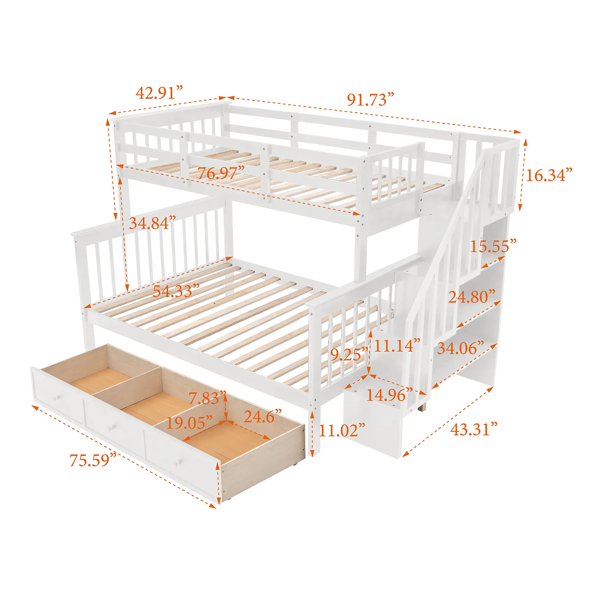 Stairway Twin-Over-Full Bunk Bed with Drawer, Storage and Guard Rail for Bedroom, Dorm, for Adults, White color