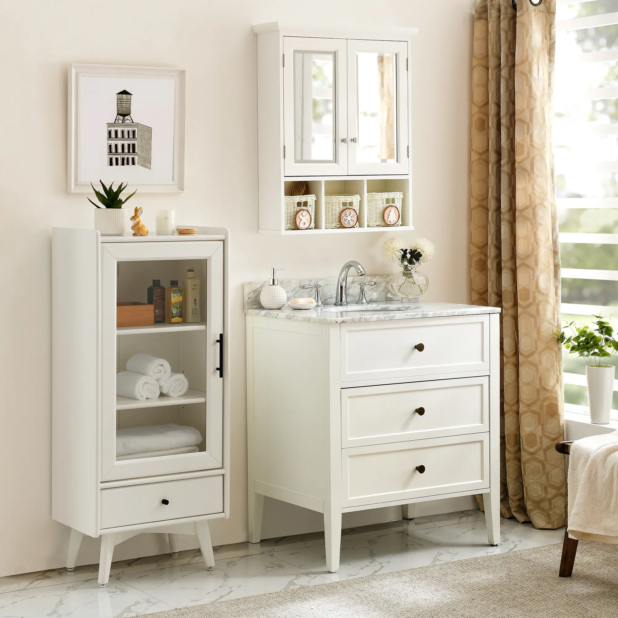 Bathroom Storage Cabinet, Medicine Cabinets for Bathroom with Mirror, 2 Doors 4 Adjustable Shelf + 3 Christmas Style Storage Bas