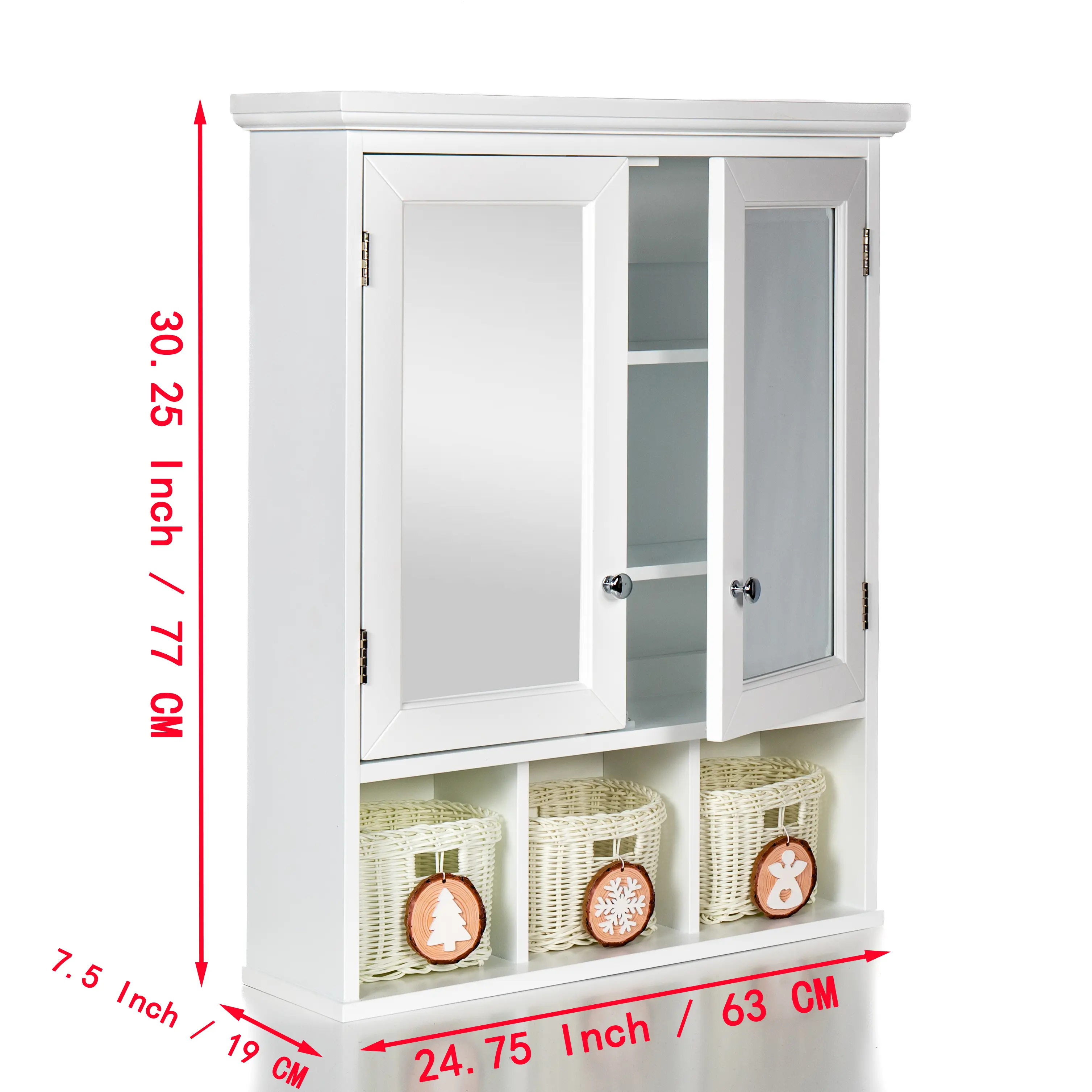 Bathroom Storage Cabinet, Medicine Cabinets for Bathroom with Mirror, 2 Doors 4 Adjustable Shelf + 3 Christmas Style Storage Bas