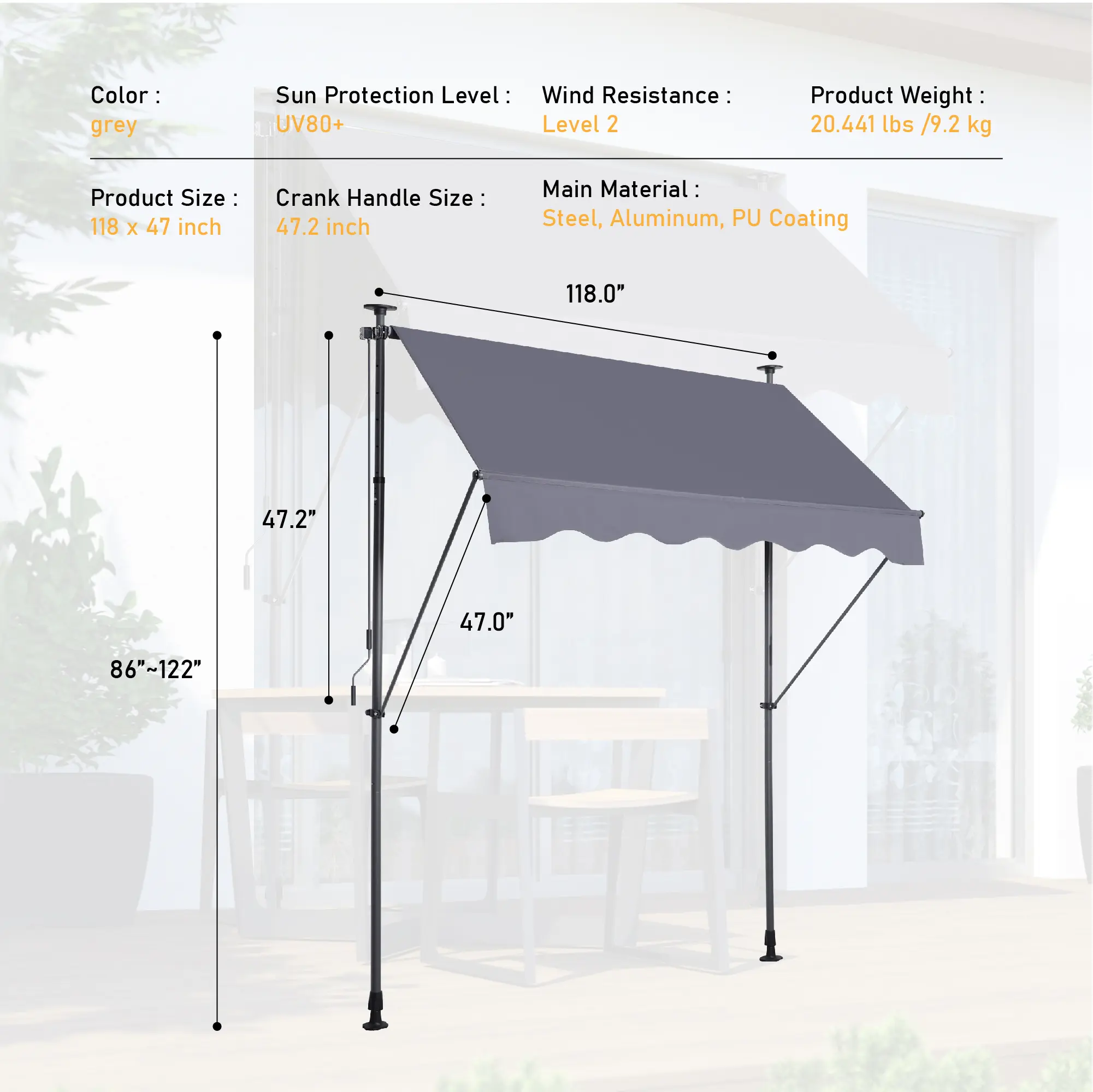 Manual Retractable Awning-118'' Non-Screw Outdoor Sun Shade Cover with UV Protection – 100% Polyester Made Outdoor Canopy Adjust