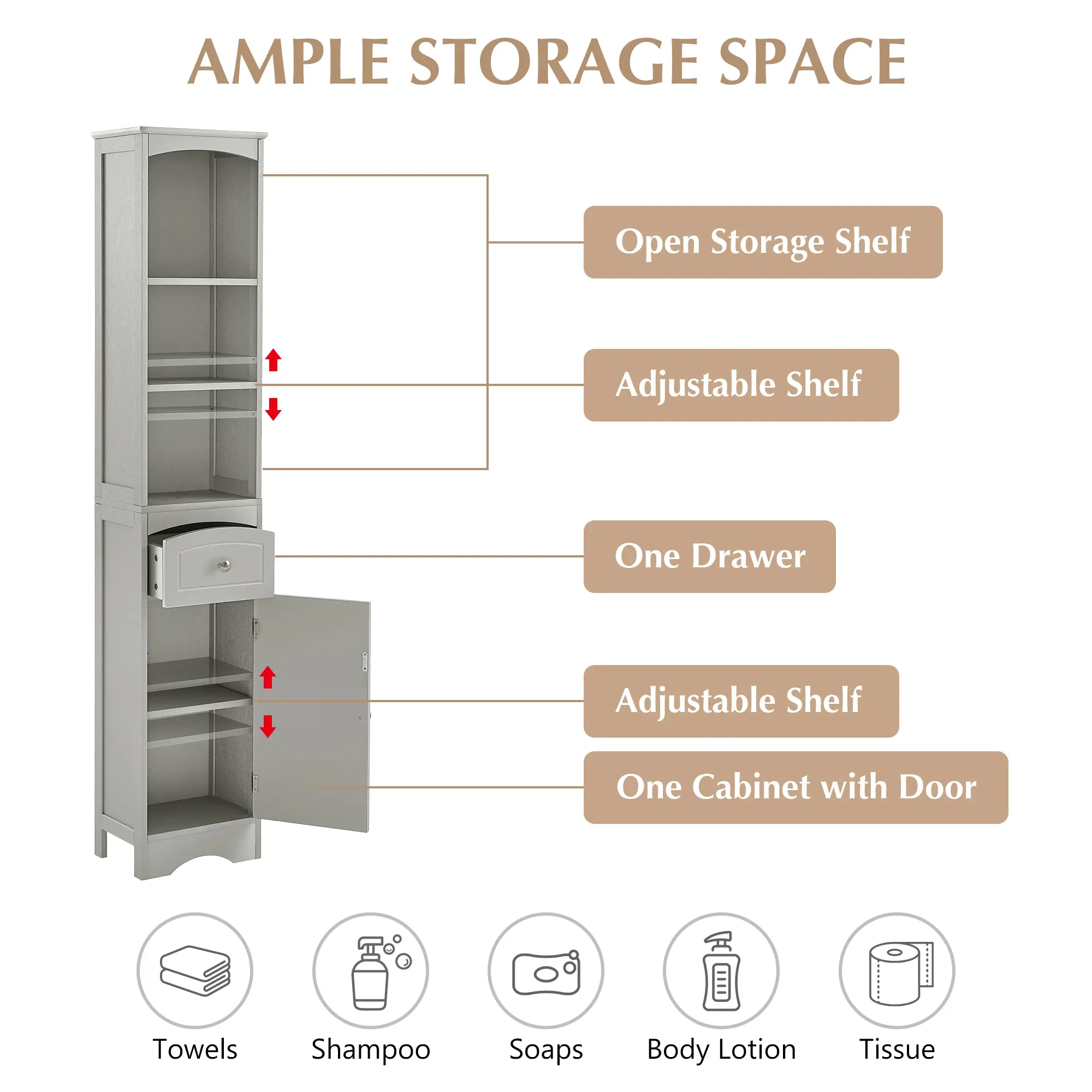 Tall Bathroom Cabinet, Freestanding Storage Cabinet with Drawer, MDF Board, Adjustable Shelf, Grey