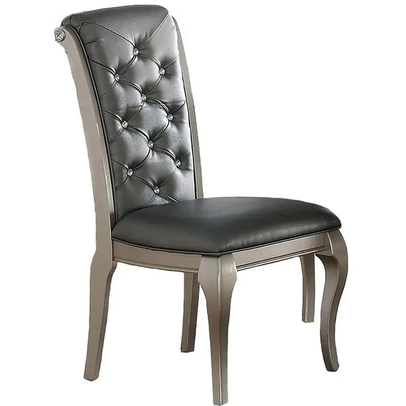 Formal Traditional Dining Table Round Table Silver Hue 5pc Dining Table w Shelf 4x Side Chairs Tufted Back Dining Room Furniture